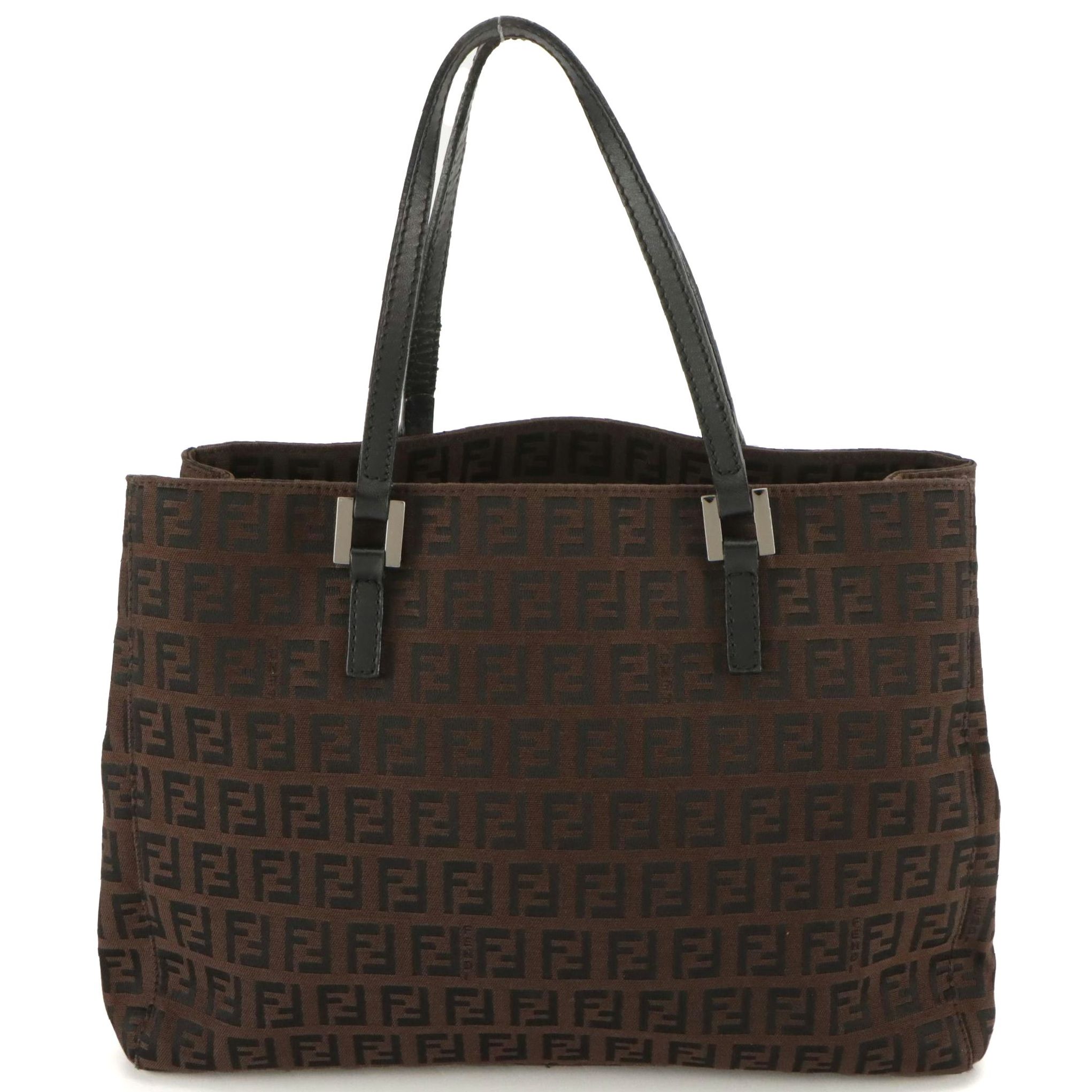Fendi Small Zucchino Canvas Tote with Brown Leather Handles