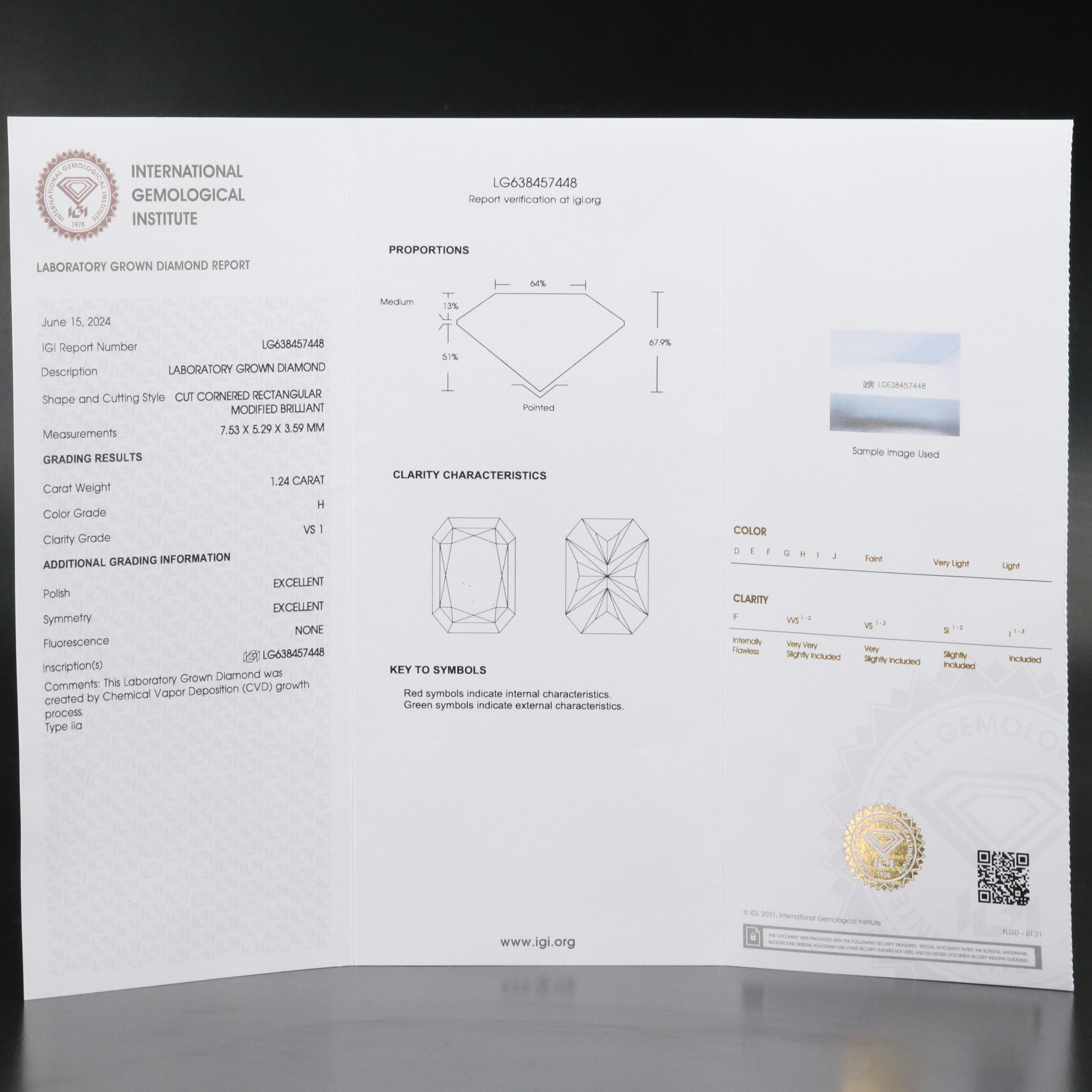 Loose 1.24 CT Lab Grown Diamond with IGI Report