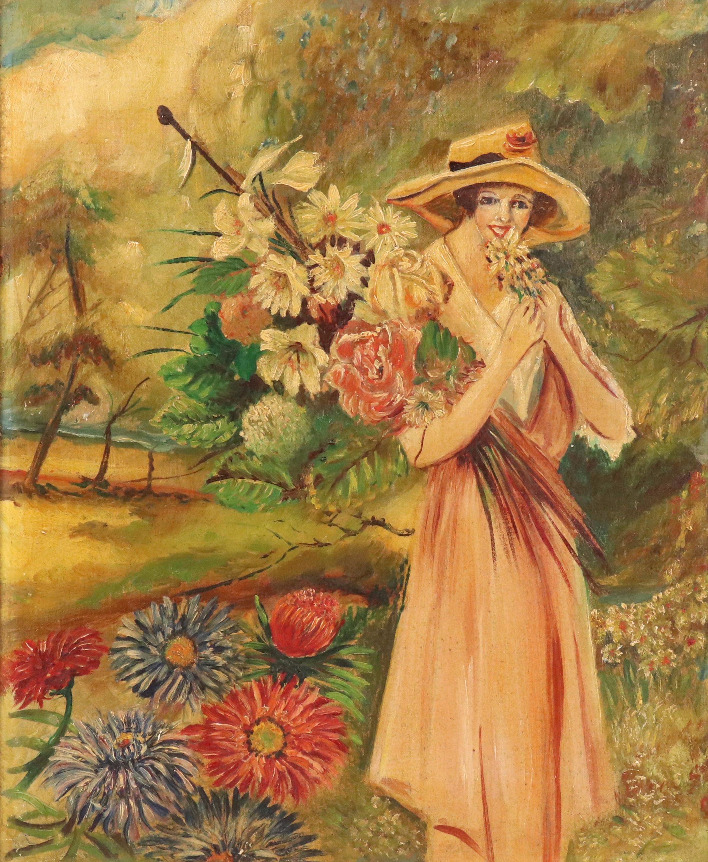 Oil Painting of Woman Carrying Bouquet of Flowers in Landscape
