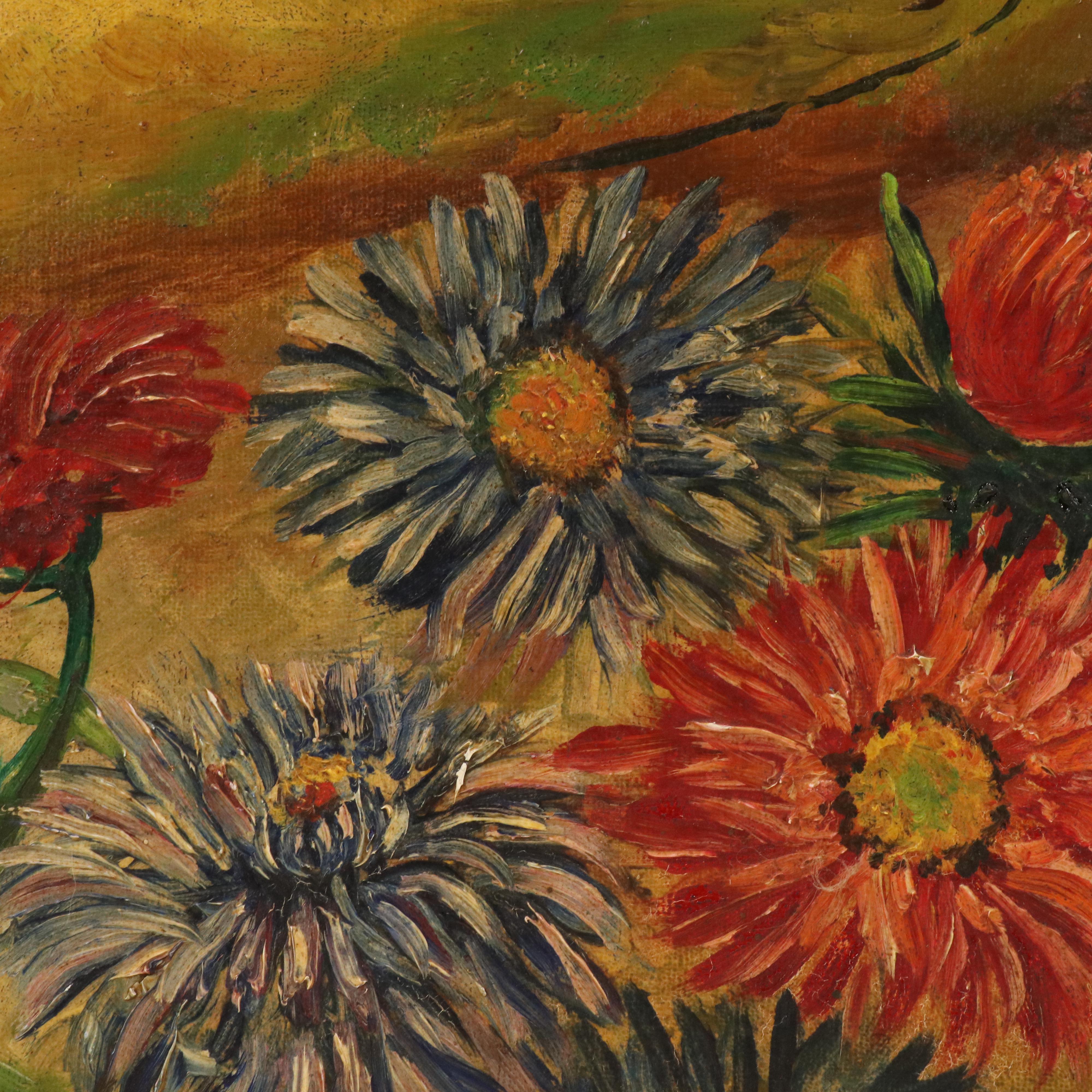 Oil Painting of Woman Carrying Bouquet of Flowers in Landscape