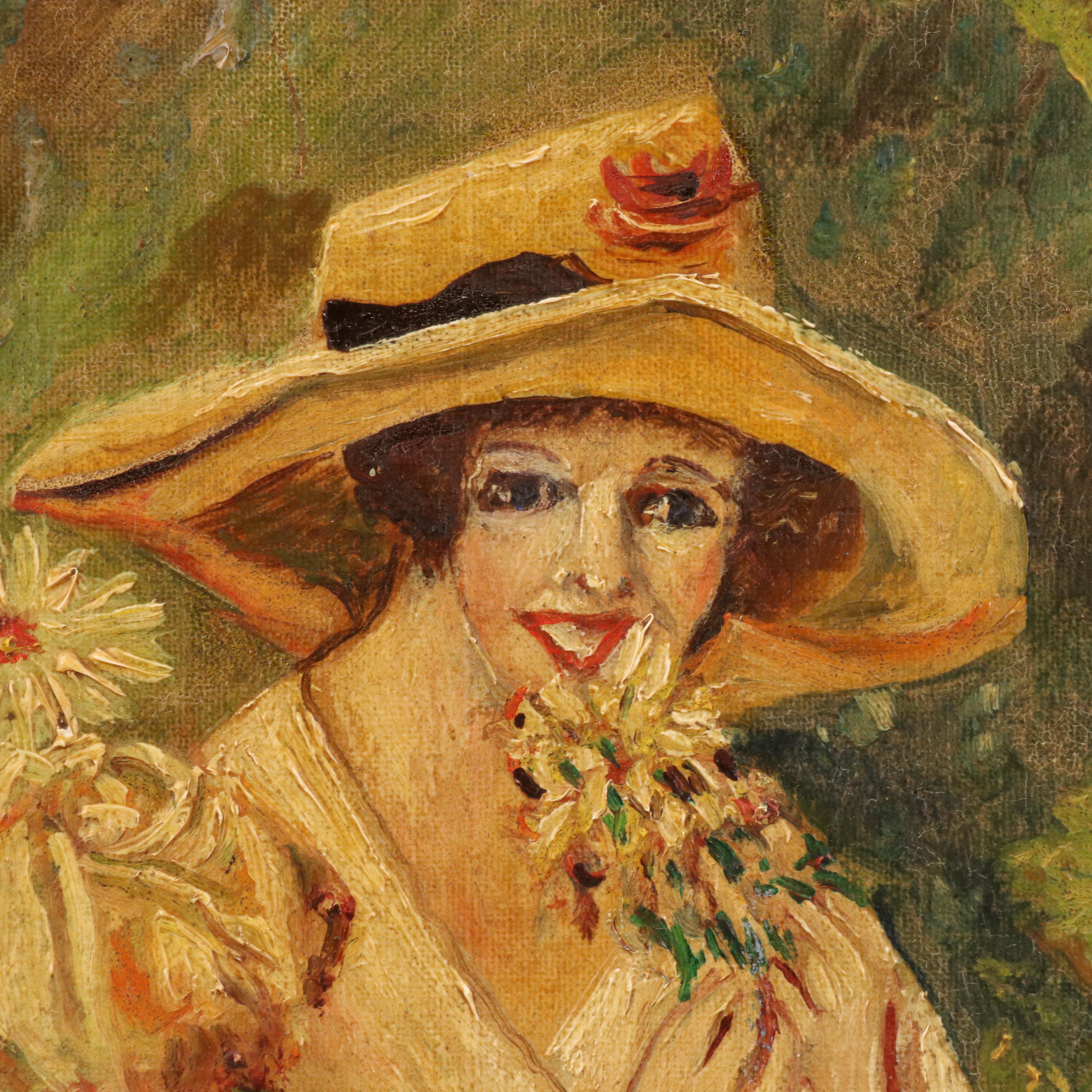 Oil Painting of Woman Carrying Bouquet of Flowers in Landscape