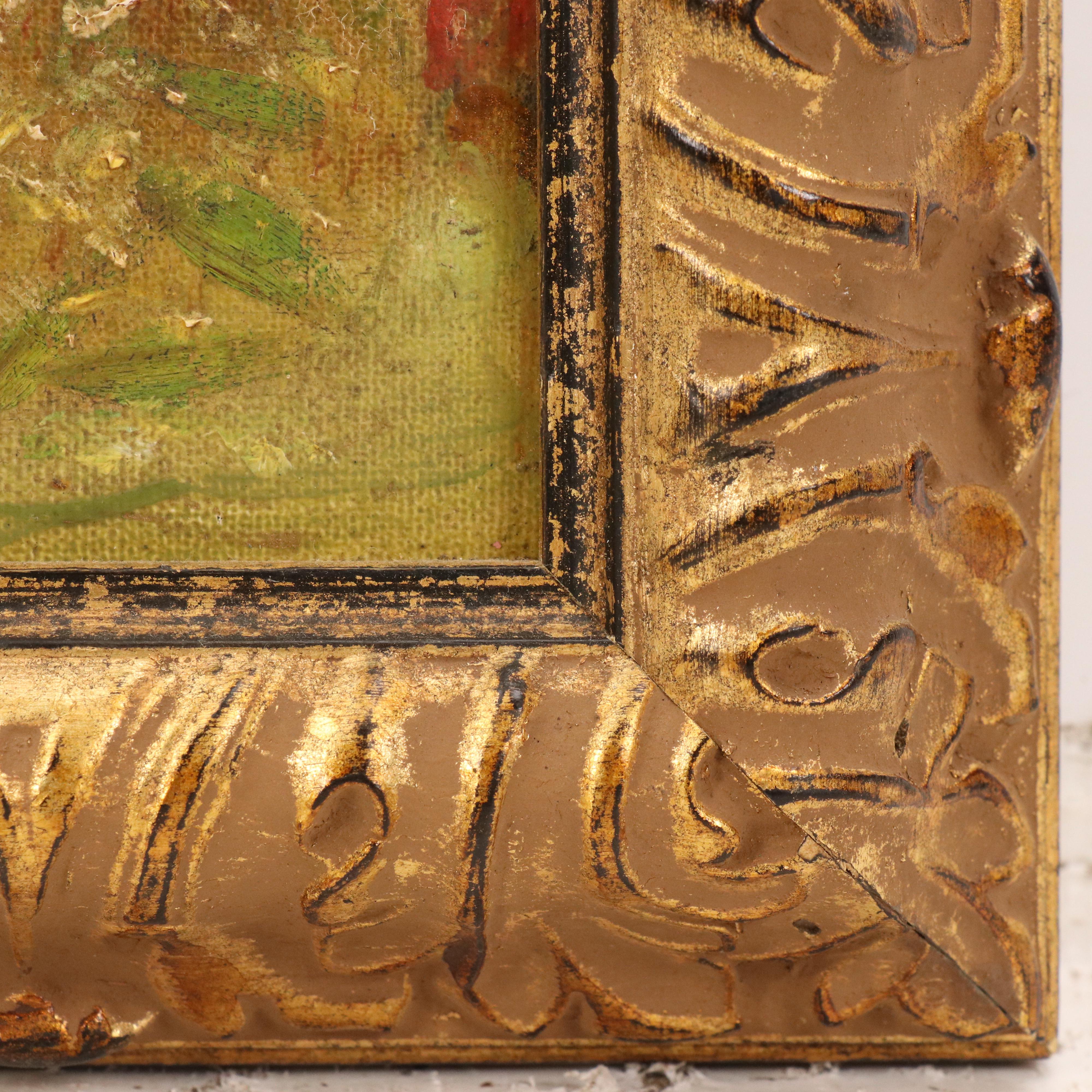 Oil Painting of Woman Carrying Bouquet of Flowers in Landscape