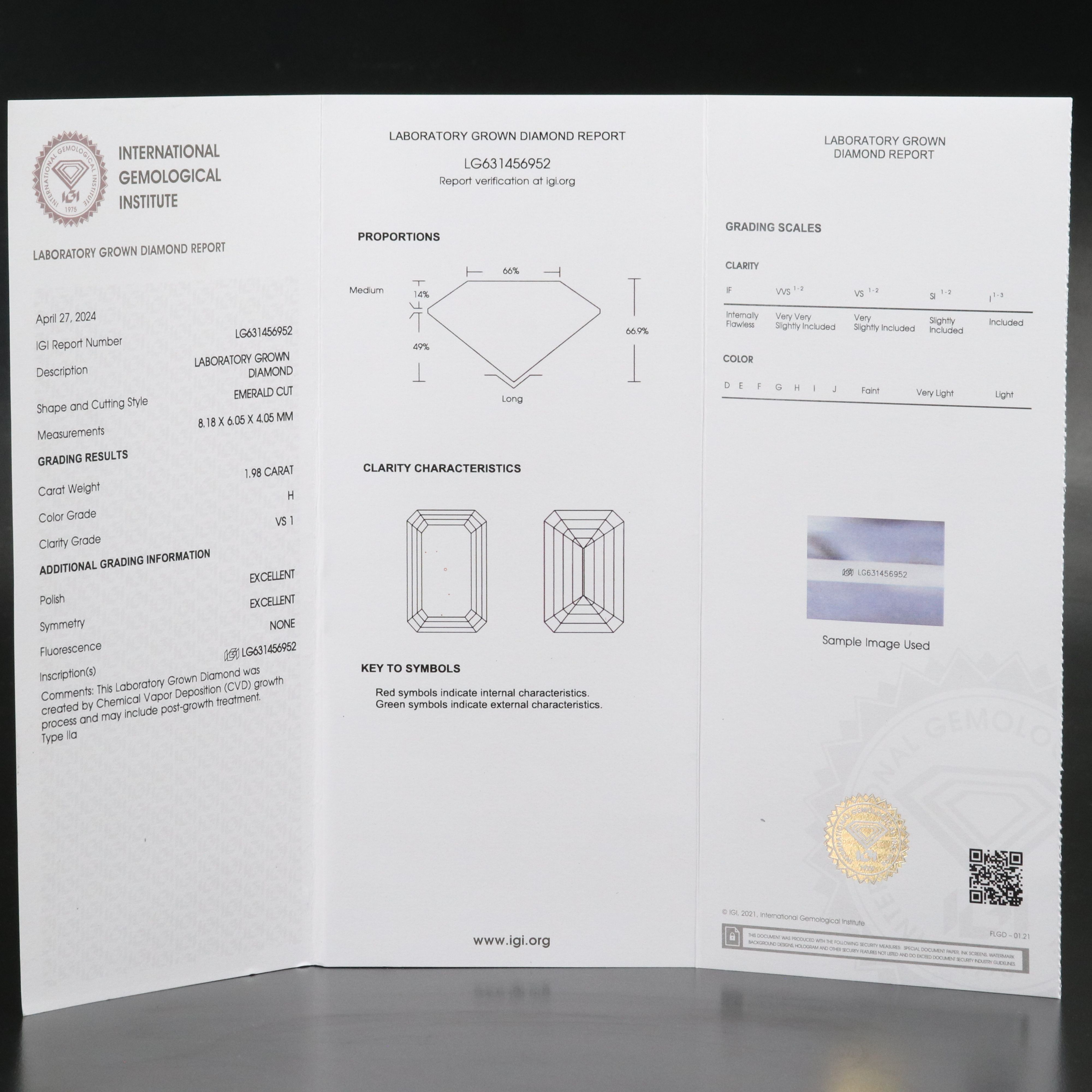 Loose 1.98 CT Lab Grown Diamond with IGI Report