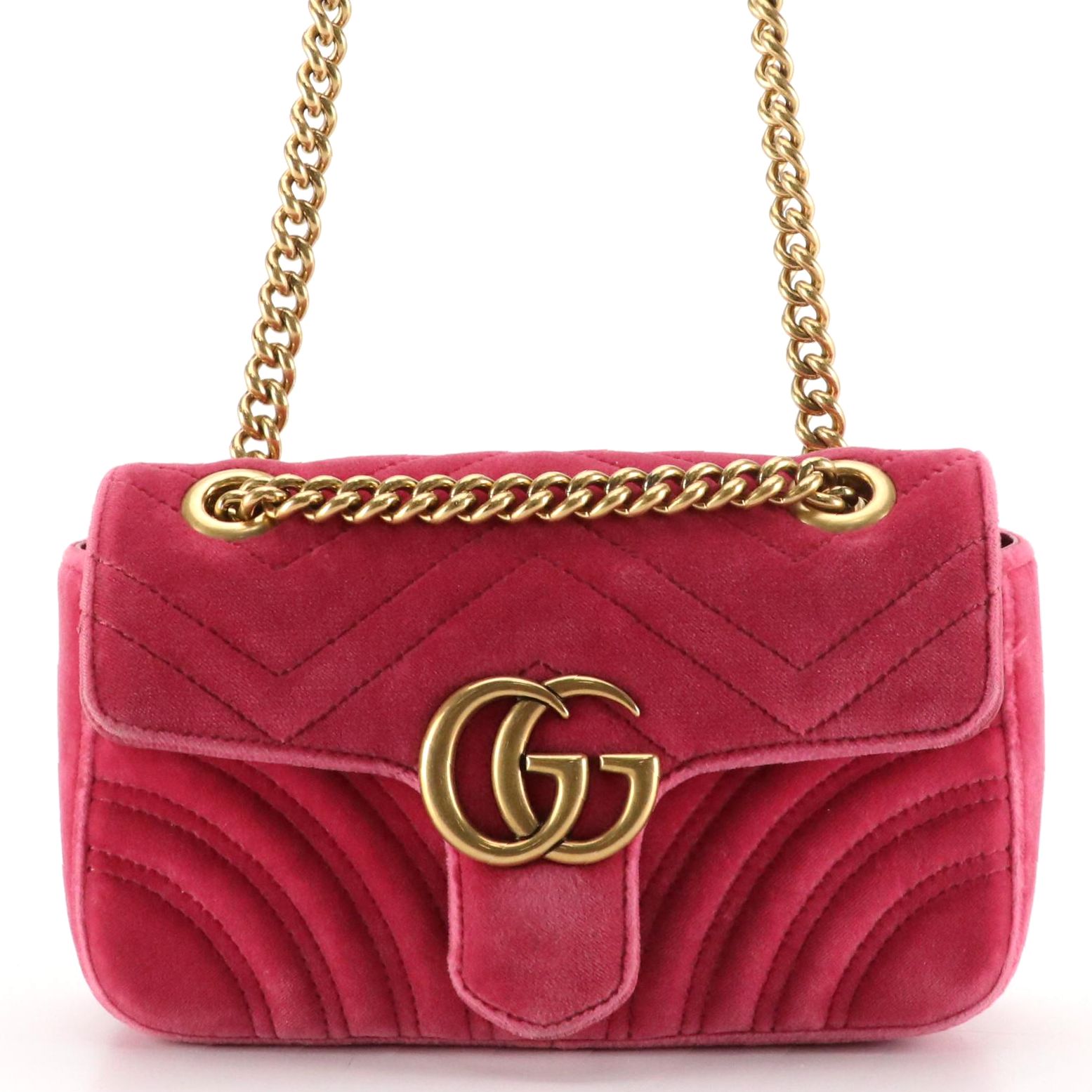 Gucci GG Marmont Shoulder Bag in Magenta Matelassé Velvet and Leather