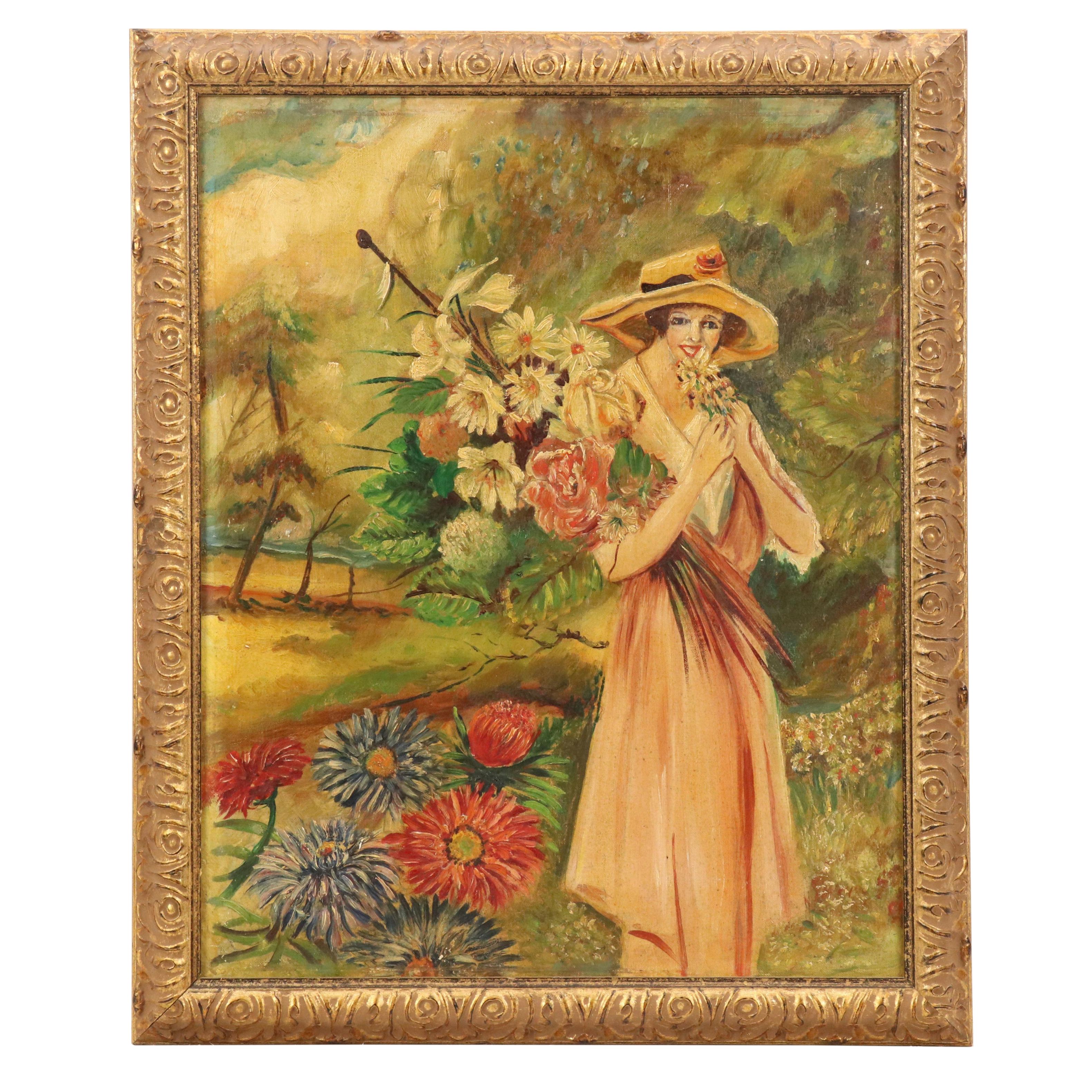 Oil Painting of Woman Carrying Bouquet of Flowers in Landscape