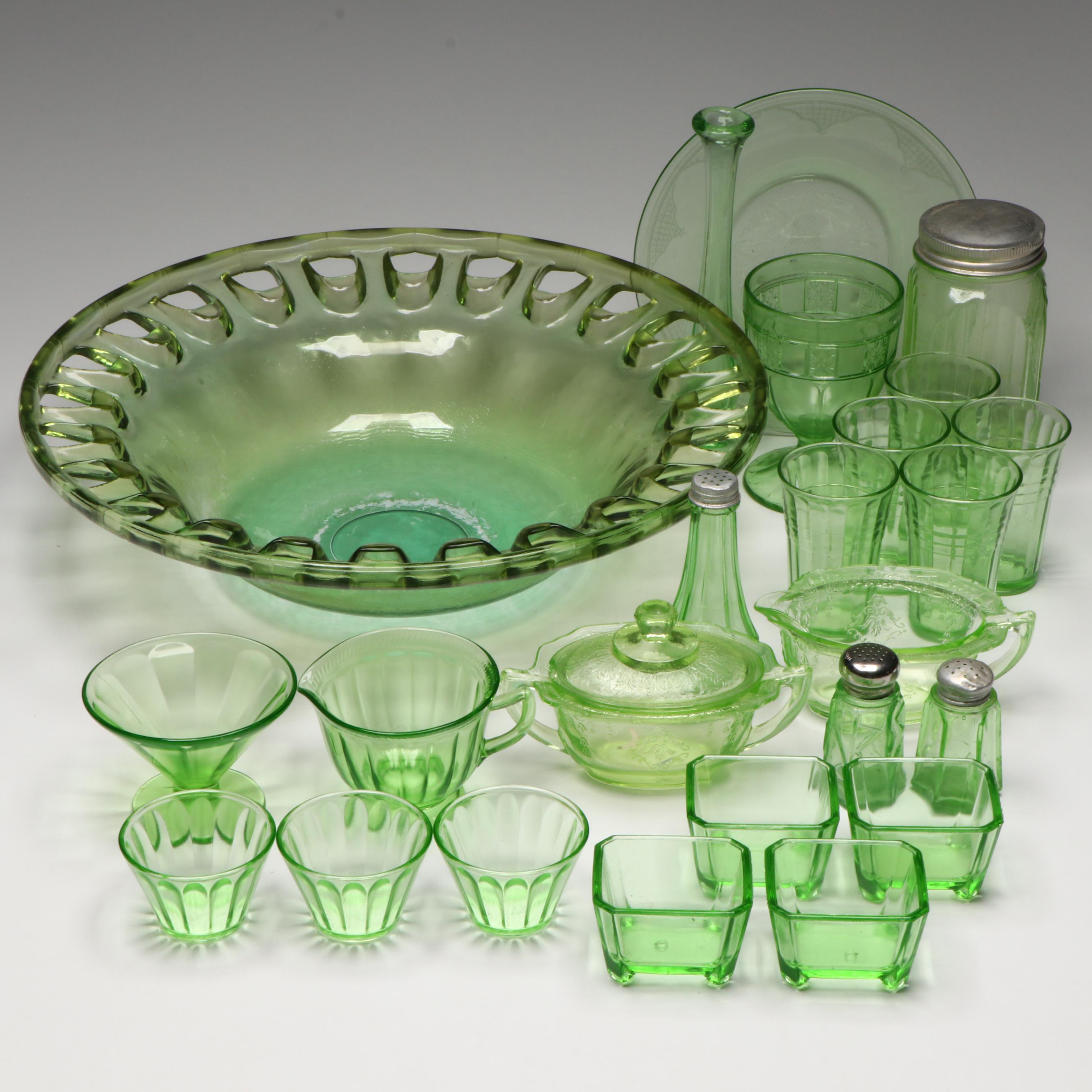Anchor Hocking and Federal Uranium Glass Serveware with Openwork Glass Bowl