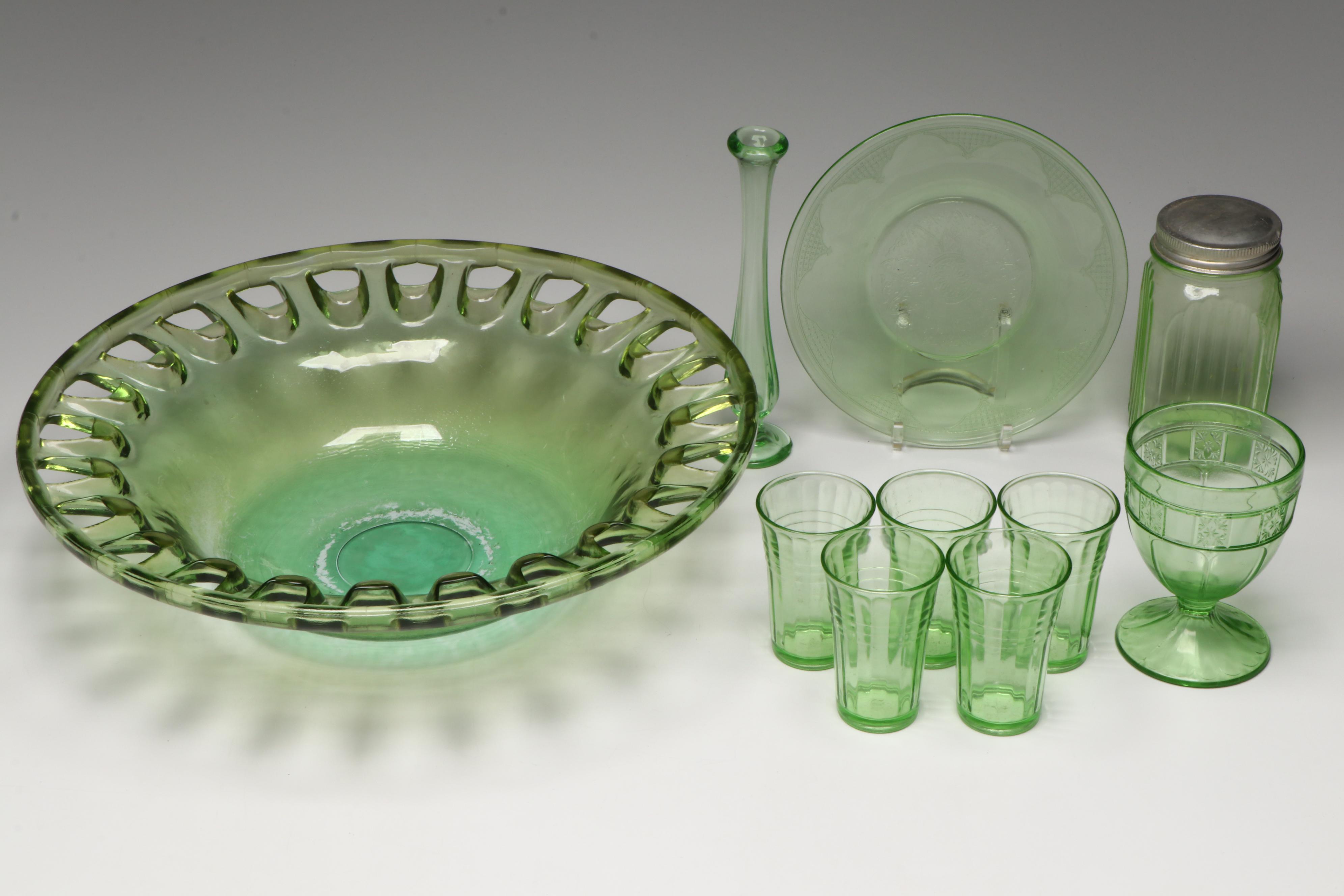 Anchor Hocking and Federal Uranium Glass Serveware with Openwork Glass Bowl