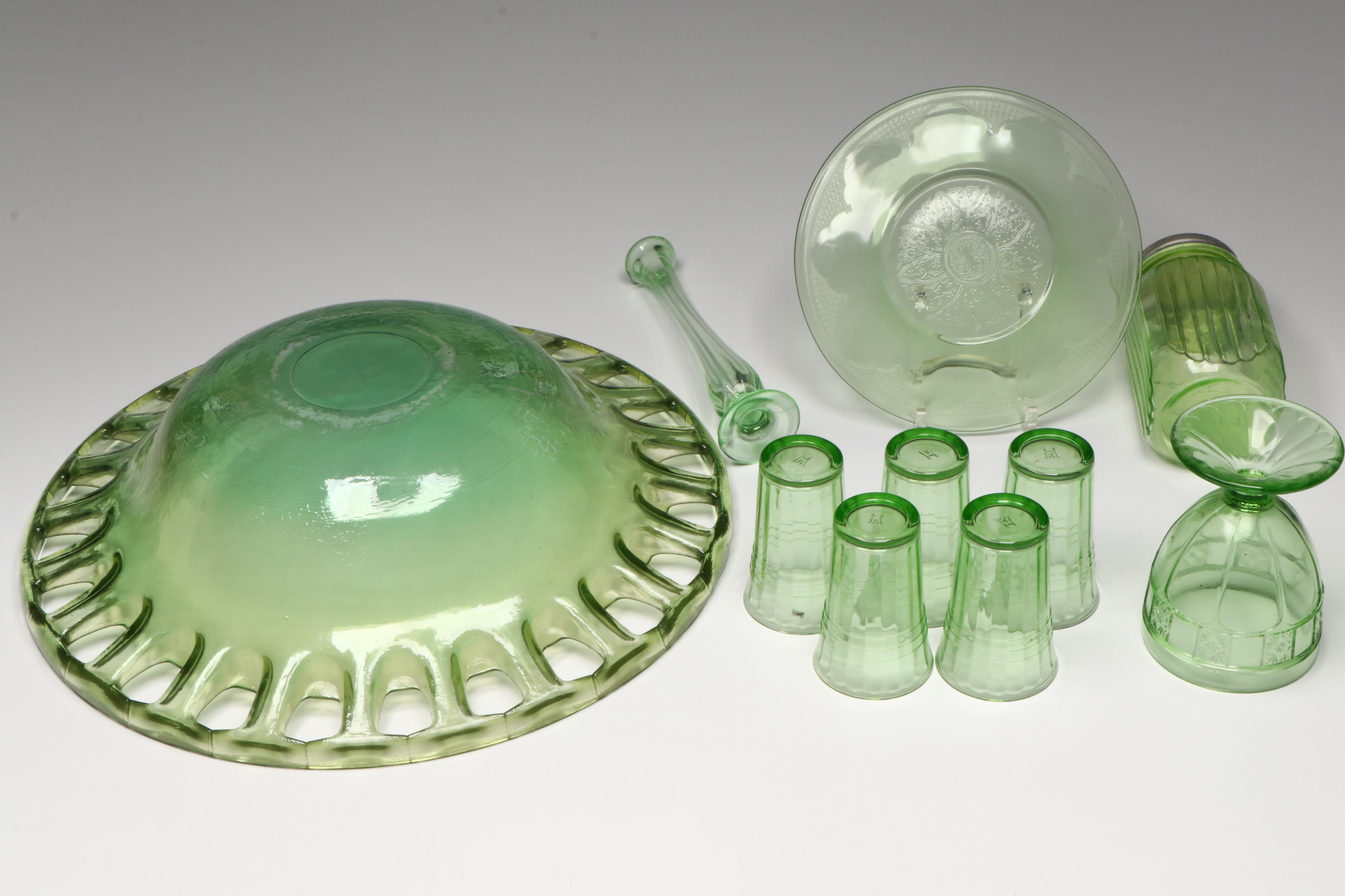 Anchor Hocking and Federal Uranium Glass Serveware with Openwork Glass Bowl