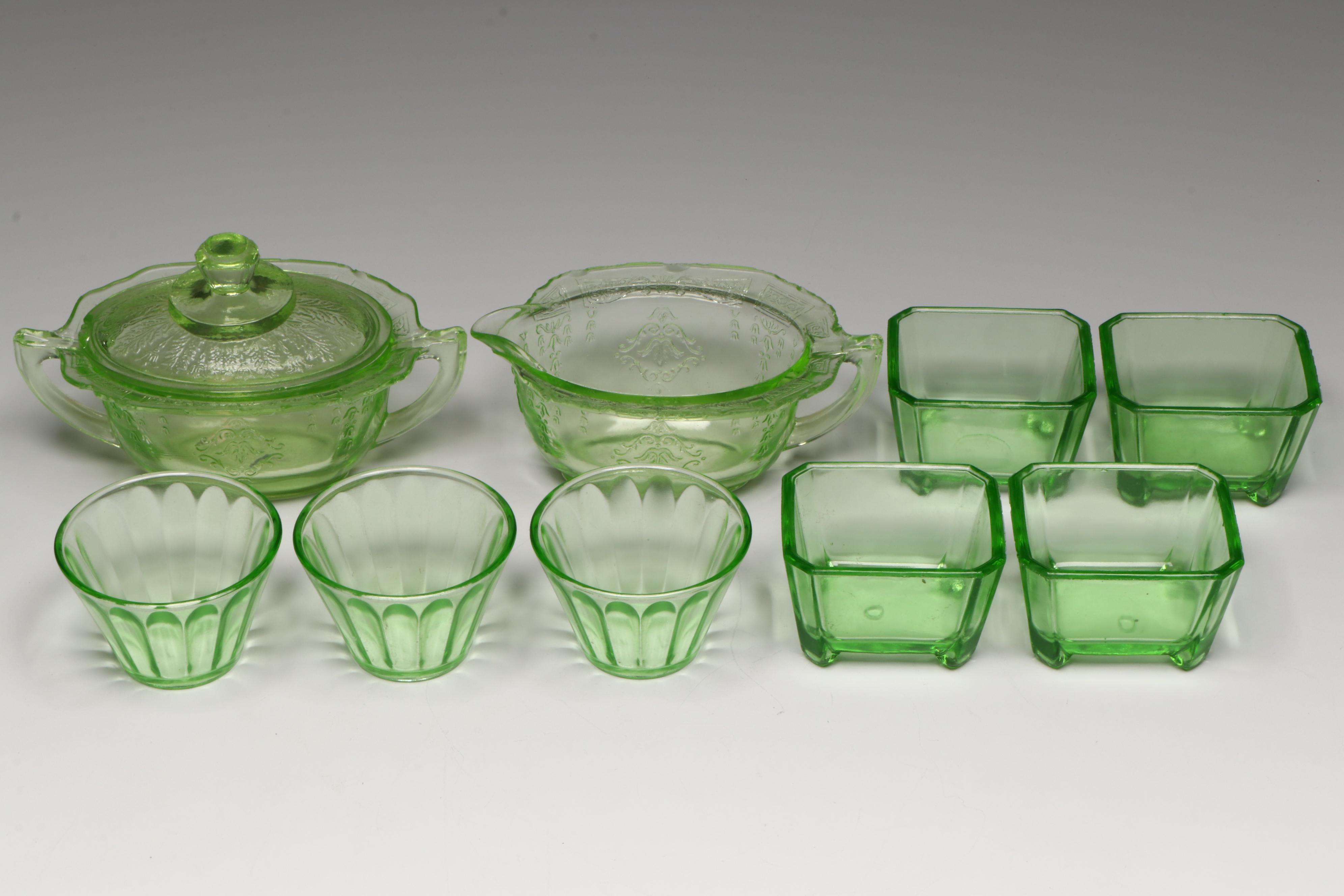 Anchor Hocking and Federal Uranium Glass Serveware with Openwork Glass Bowl