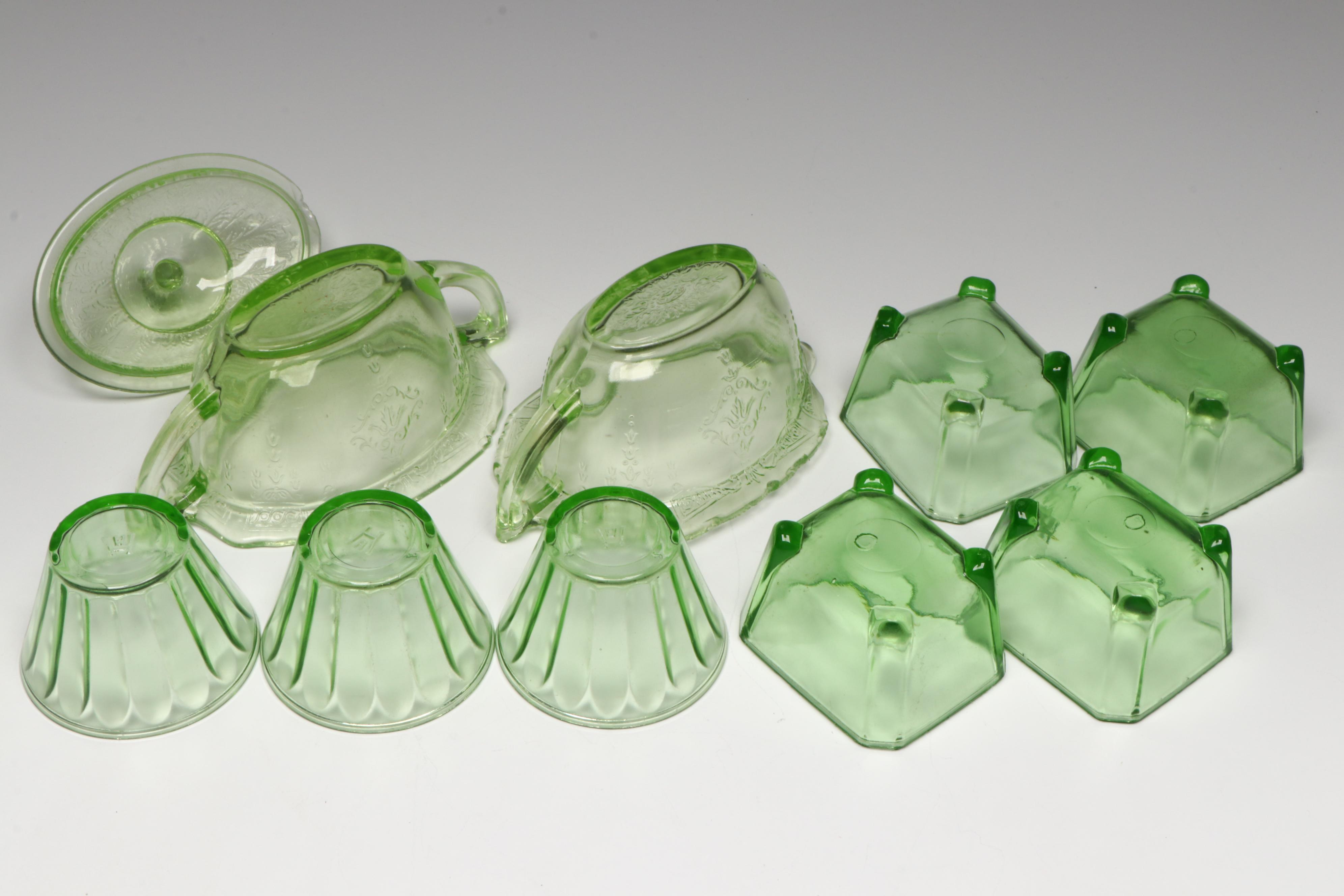 Anchor Hocking and Federal Uranium Glass Serveware with Openwork Glass Bowl