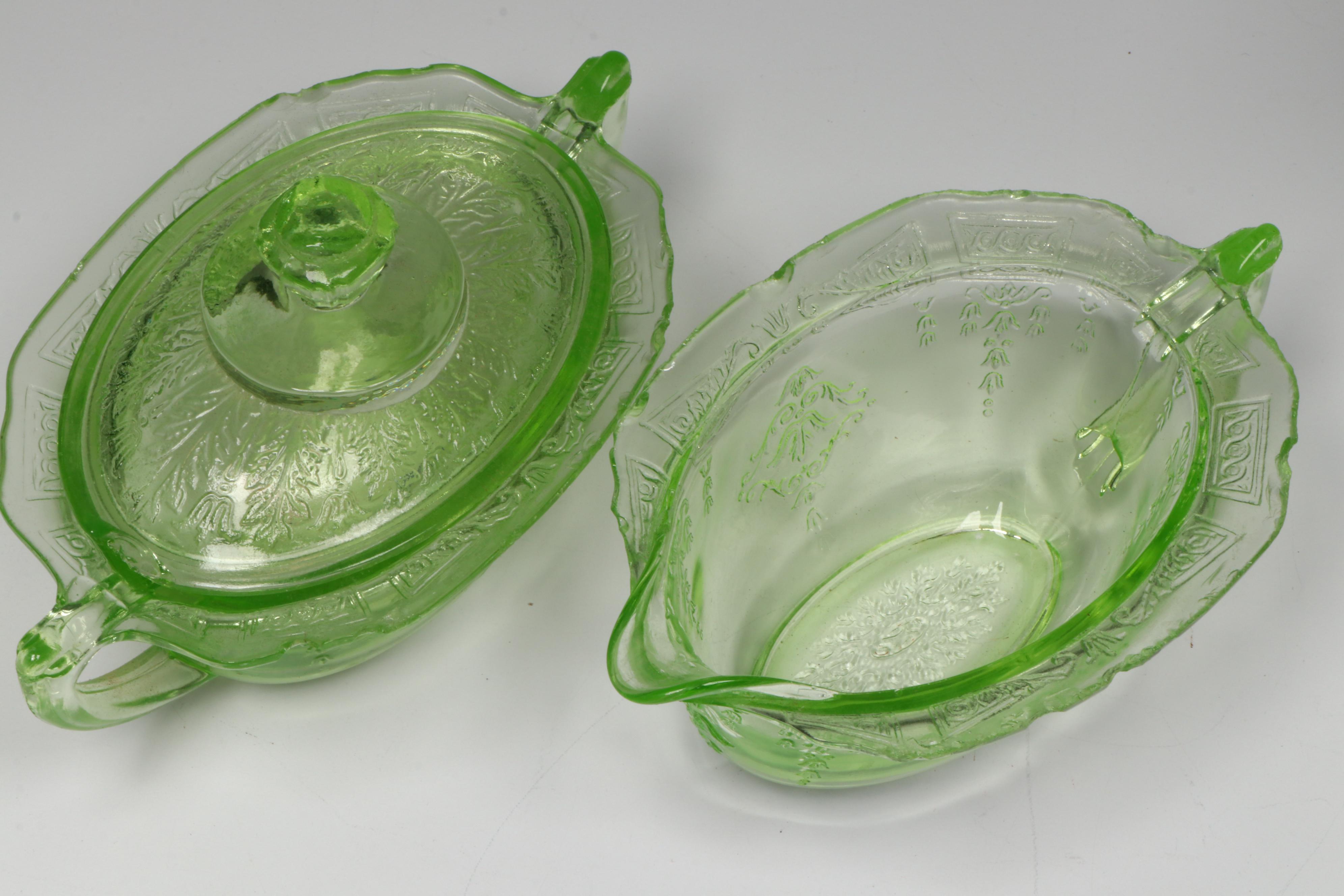 Anchor Hocking and Federal Uranium Glass Serveware with Openwork Glass Bowl