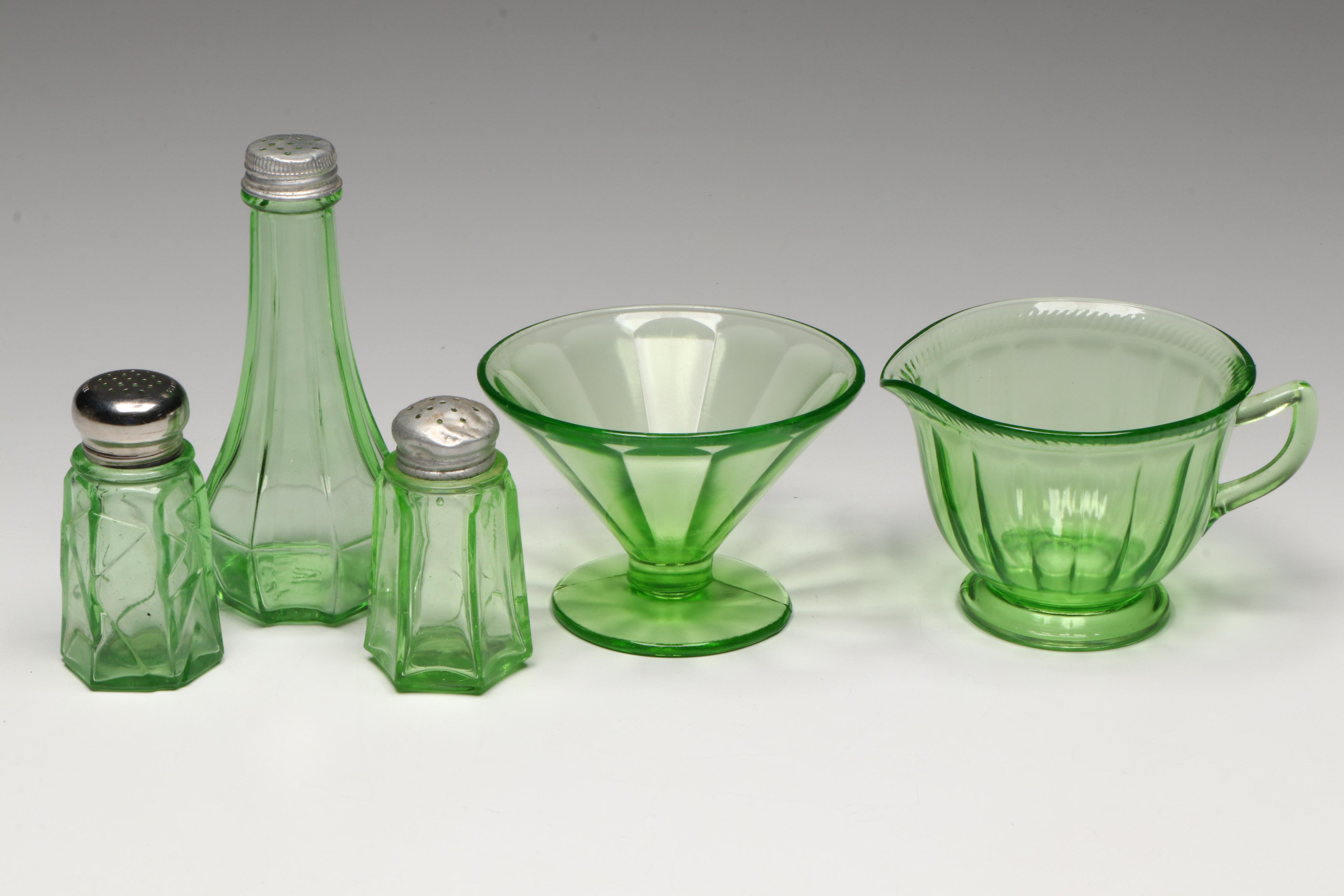 Anchor Hocking and Federal Uranium Glass Serveware with Openwork Glass Bowl