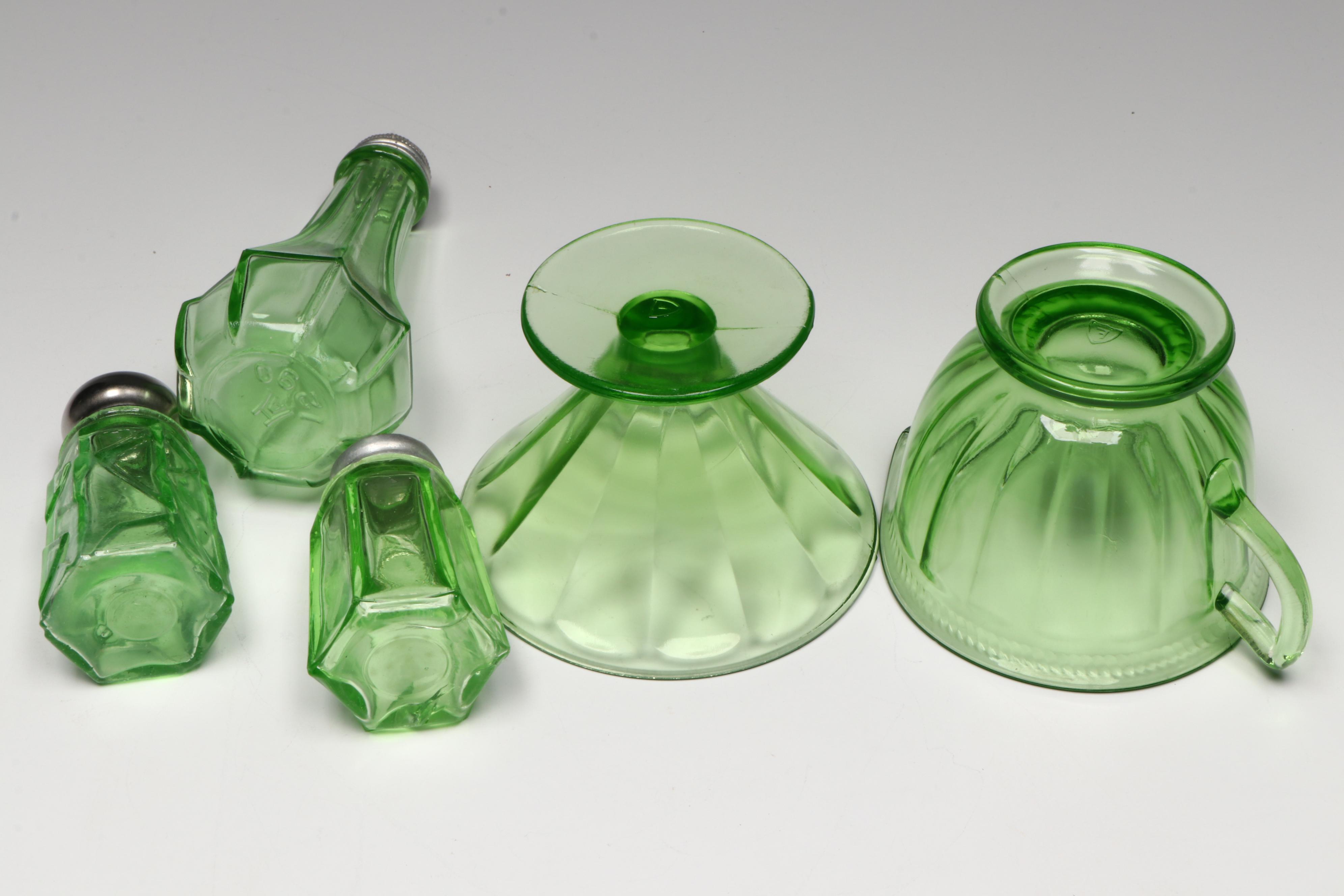 Anchor Hocking and Federal Uranium Glass Serveware with Openwork Glass Bowl