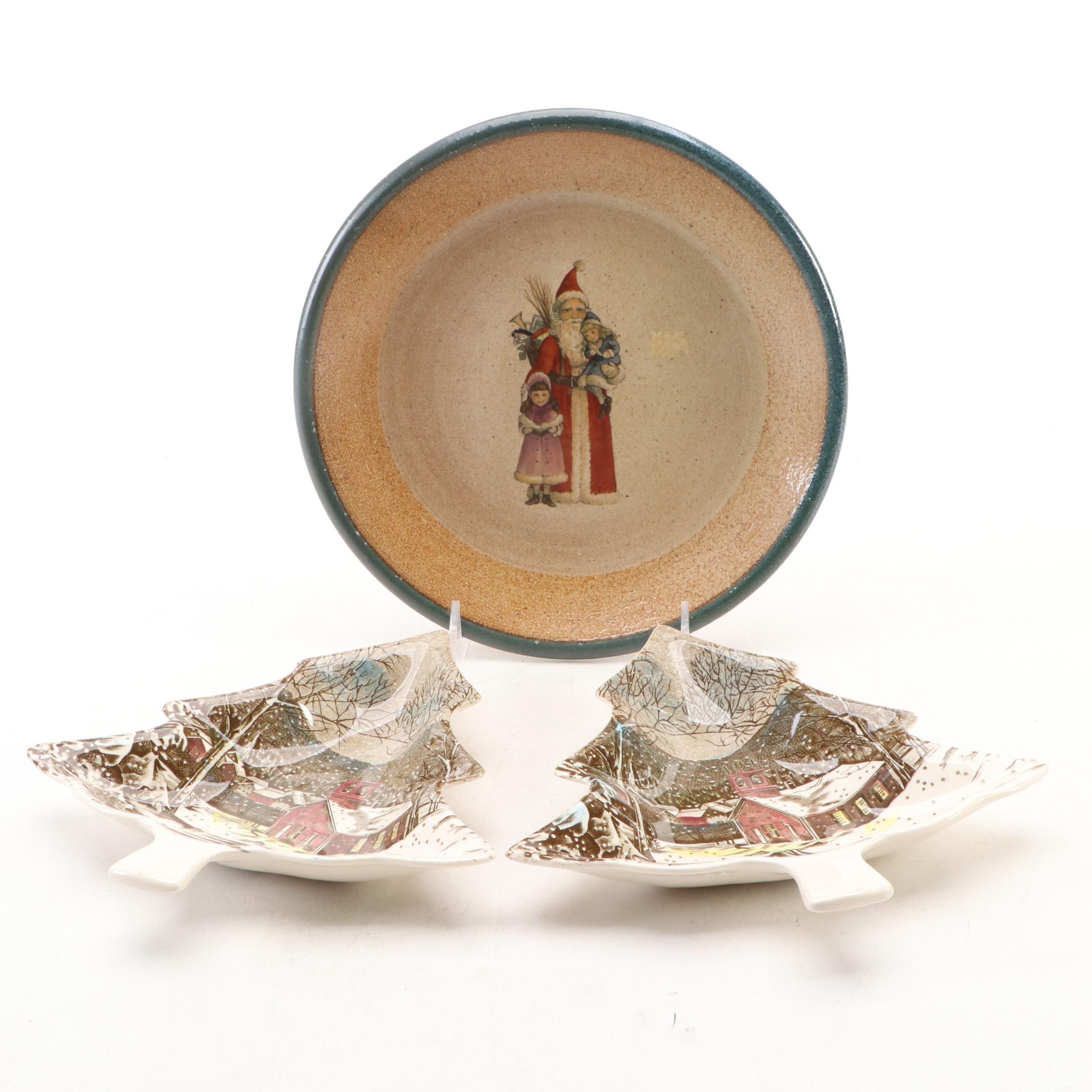 Monroe Salt Works Stoneware Santa Claus Plate with Johnson Bros Tree Dishes