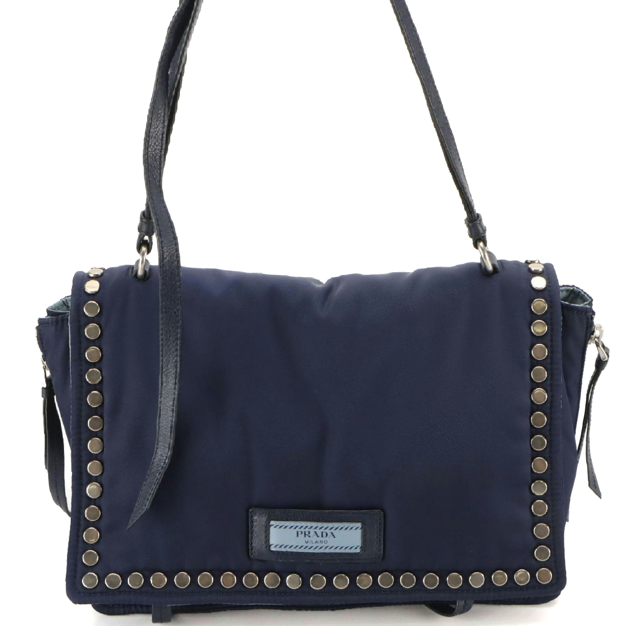 Prada Studded Etiquette Flap Bag in Blue Tessuto Nylon and Leather