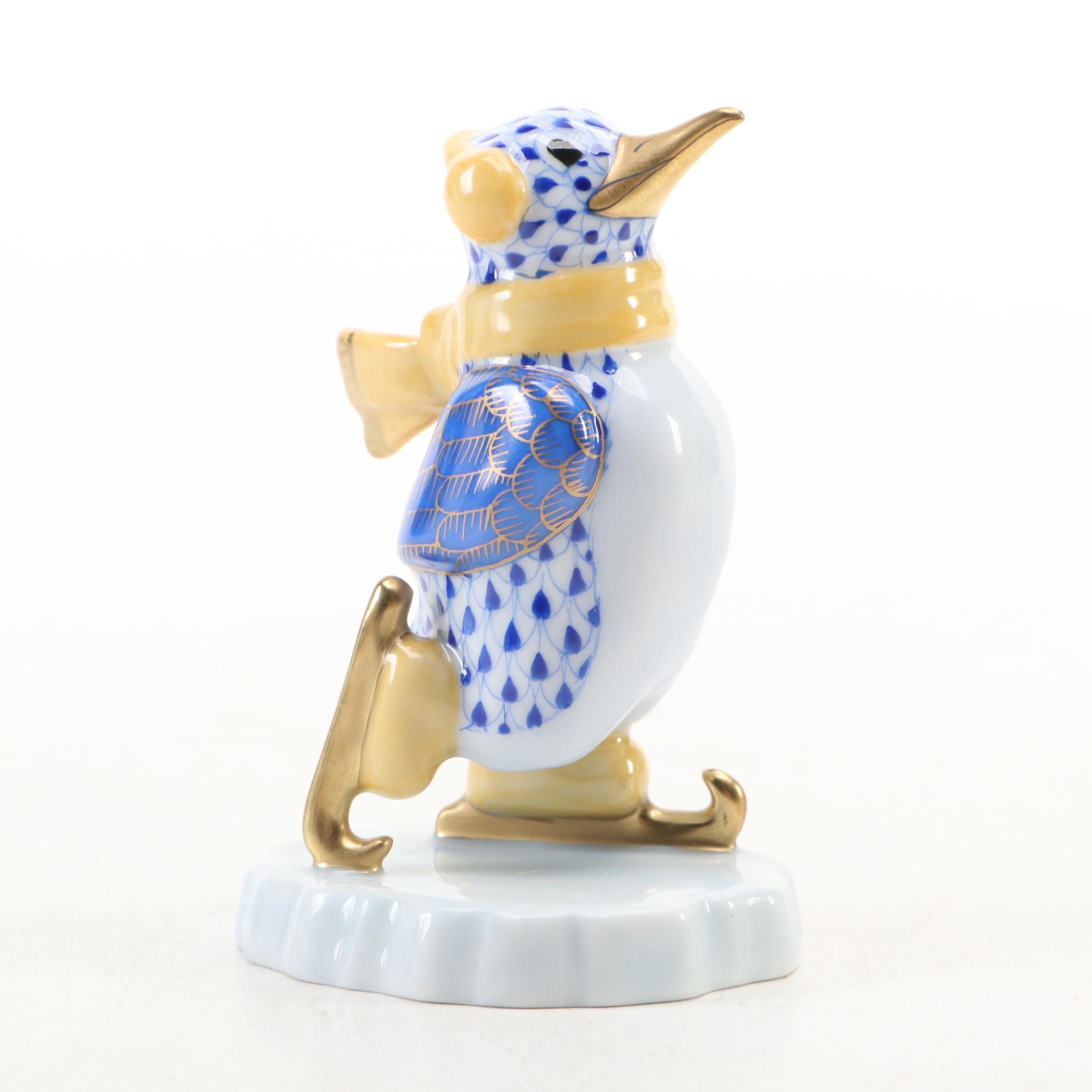 Herend Sapphire Fishnet with Gold "Ice Skating Penguin" Porcelain Figurine