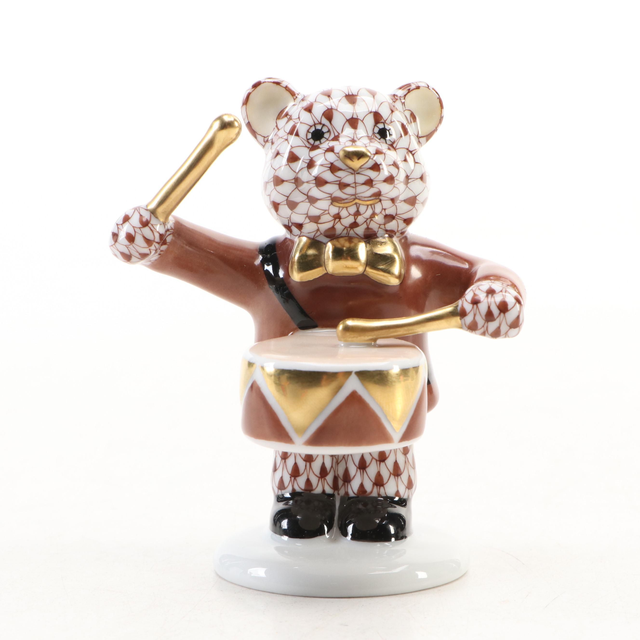 Herend Chocolate Fishnet with Gold "Little Drummer Bear" Porcelain Figurine