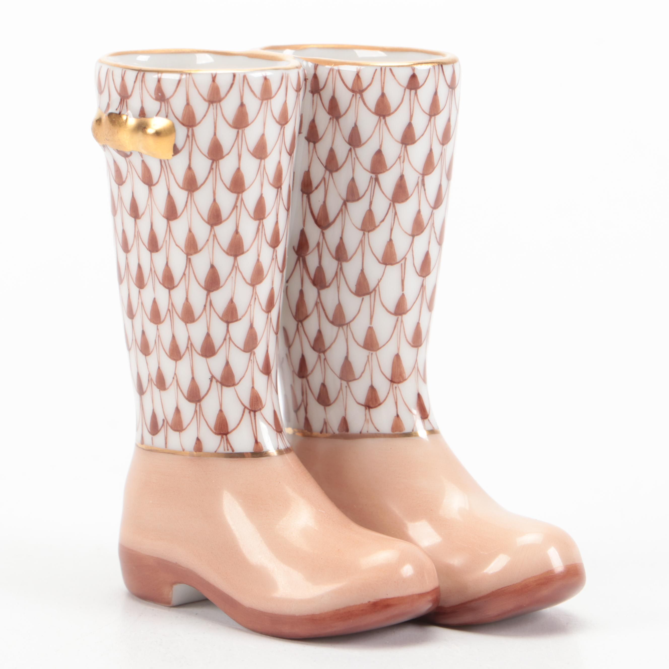Herend Chocolate Fishnet with Gold "Pair of Rain Boots" Porcelain Figurine