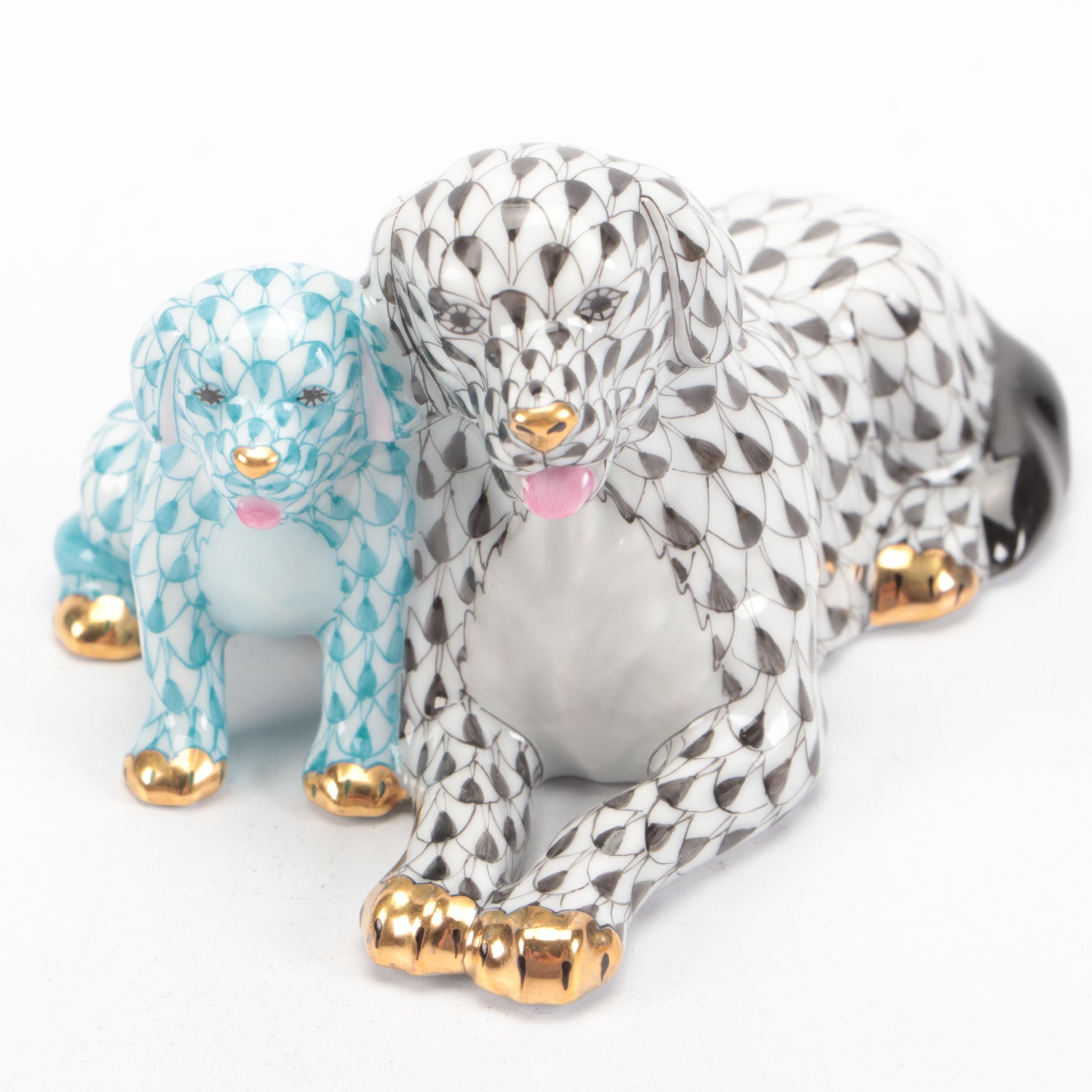 Herend Black and Turquoise Fishnet with Gold "Mommy and Me" Porcelain Figurine