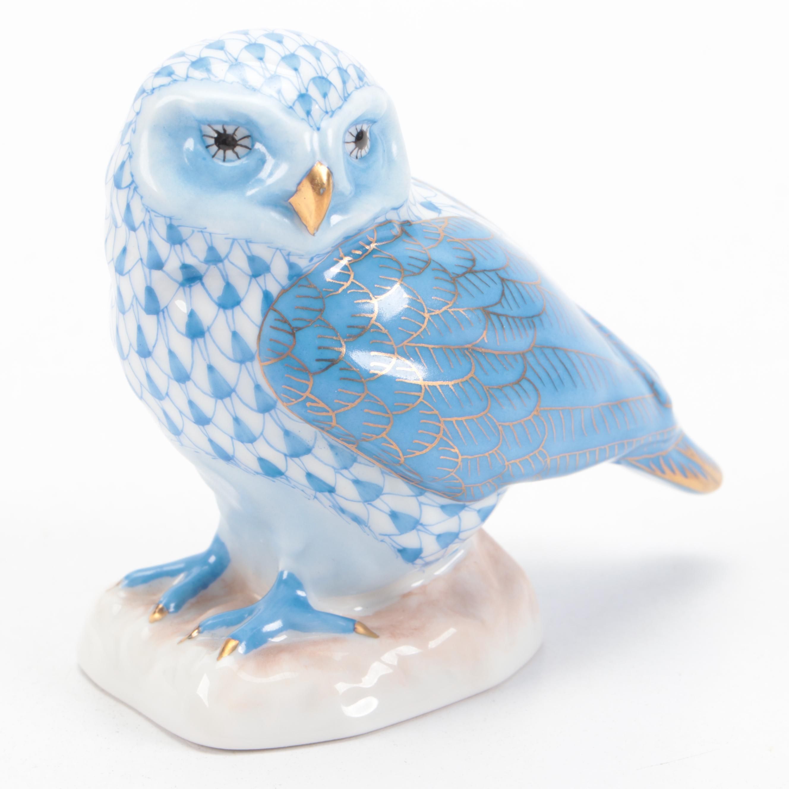 Herend Blue Fishnet with Gold "Burrowing Owl" Porcelain Figurine