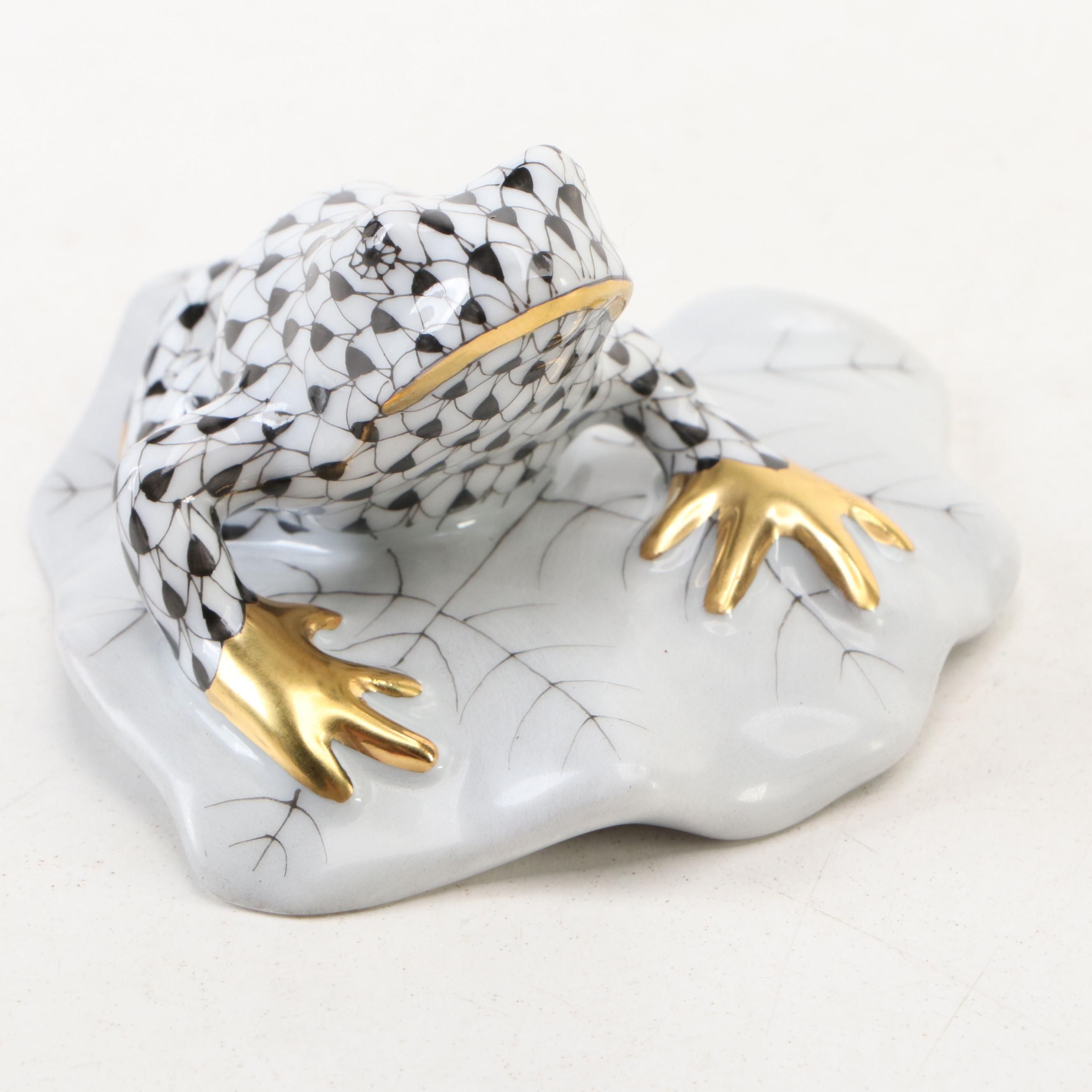 Herend Black Fishnet with Gold "Frog on Lily Pad" Porcelain Figurine