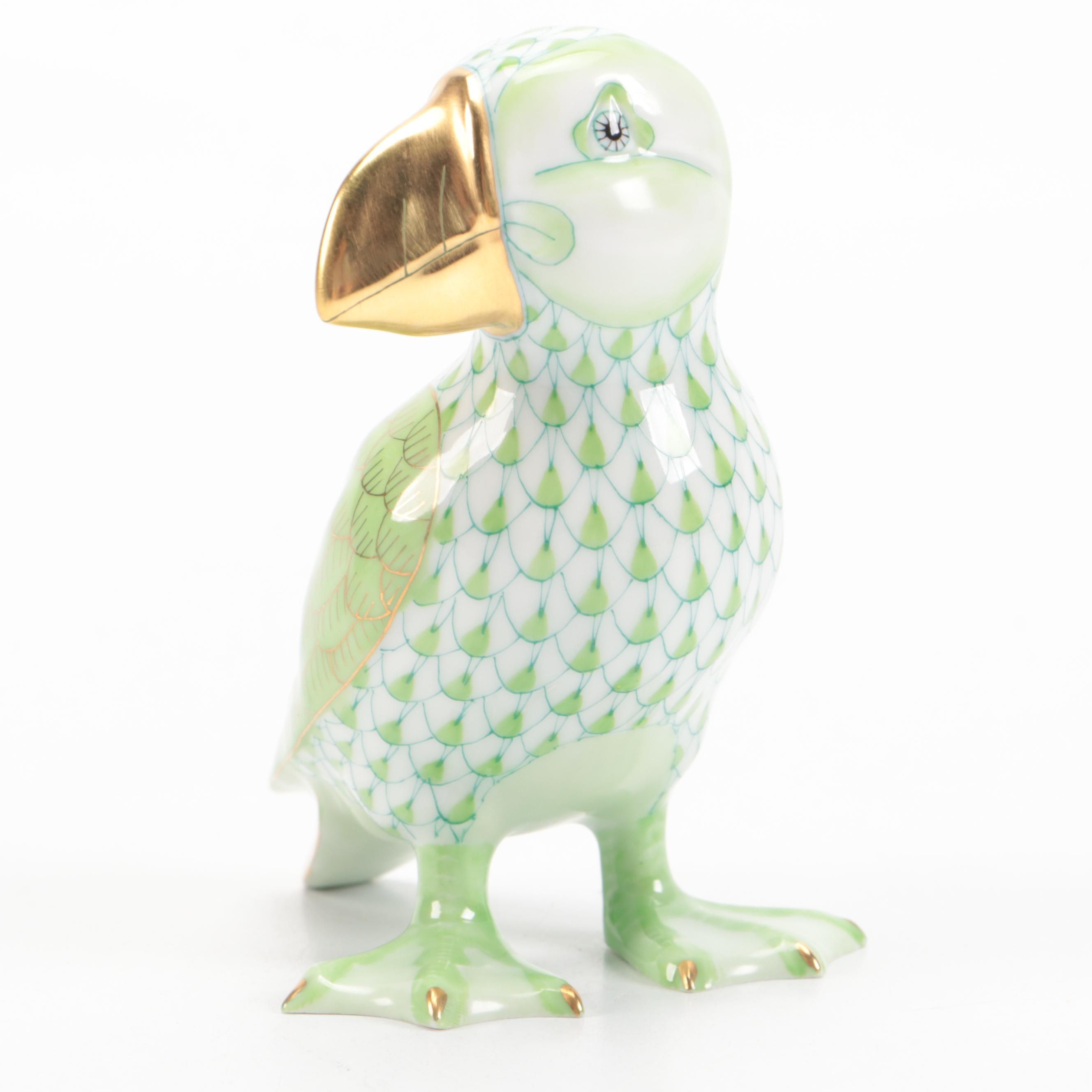Herend Key Lime Fishnet with Gold "Puffin" Porcelain Figurine