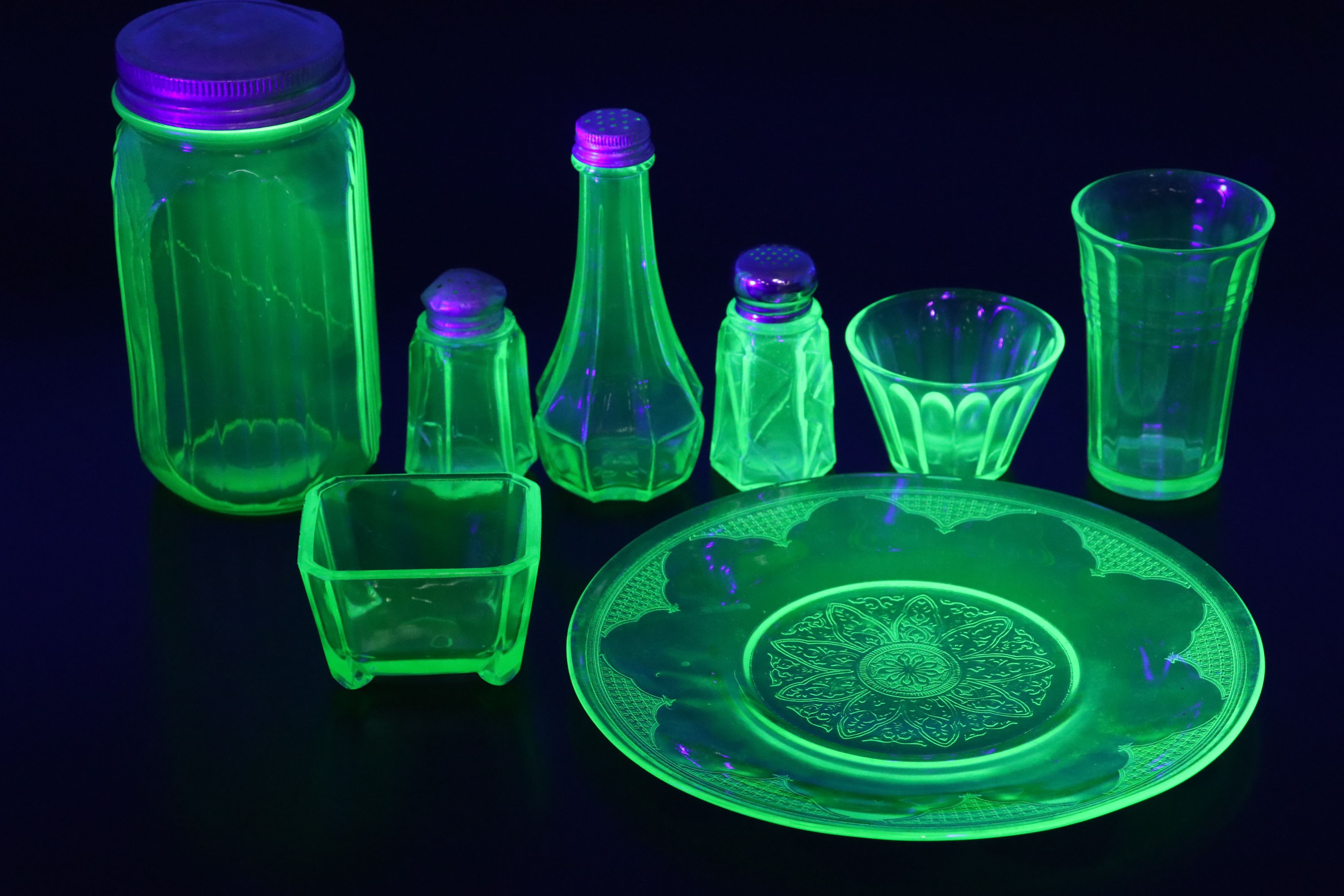 Anchor Hocking and Federal Uranium Glass Serveware with Openwork Glass Bowl