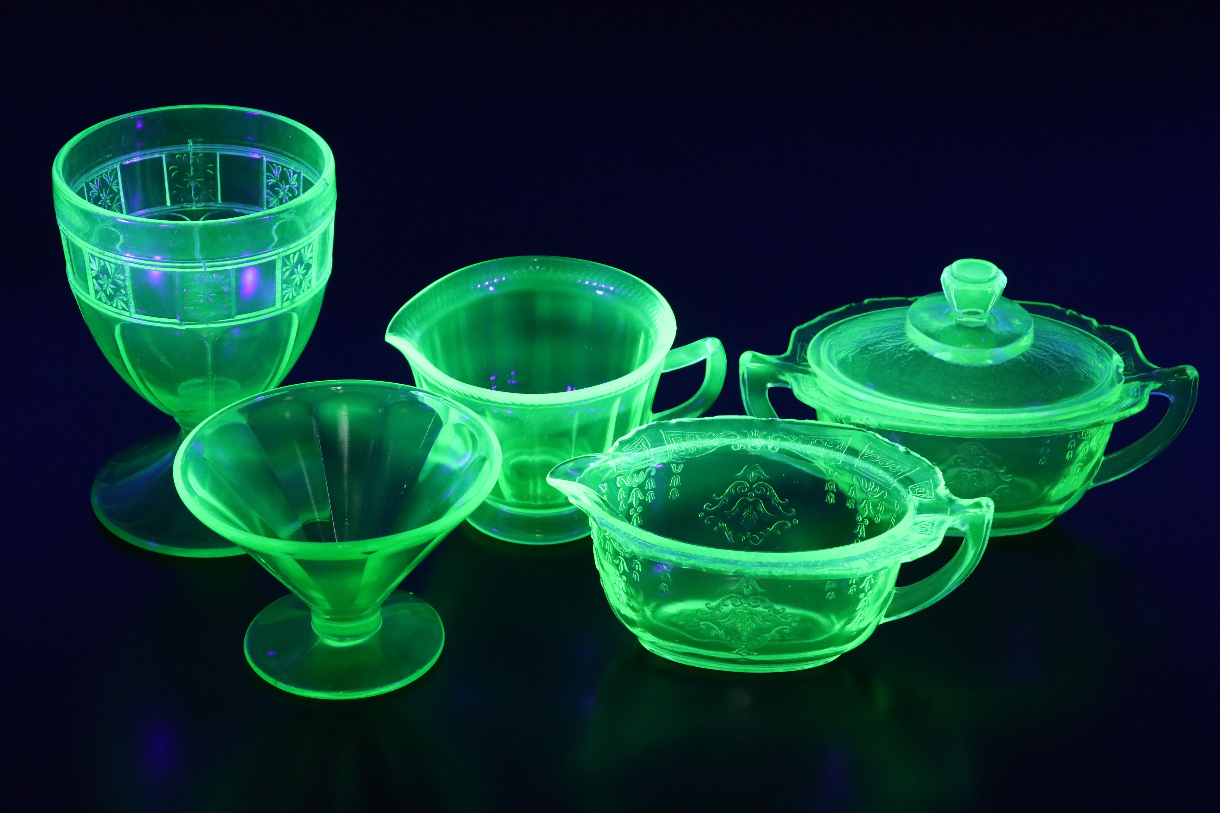 Anchor Hocking and Federal Uranium Glass Serveware with Openwork Glass Bowl