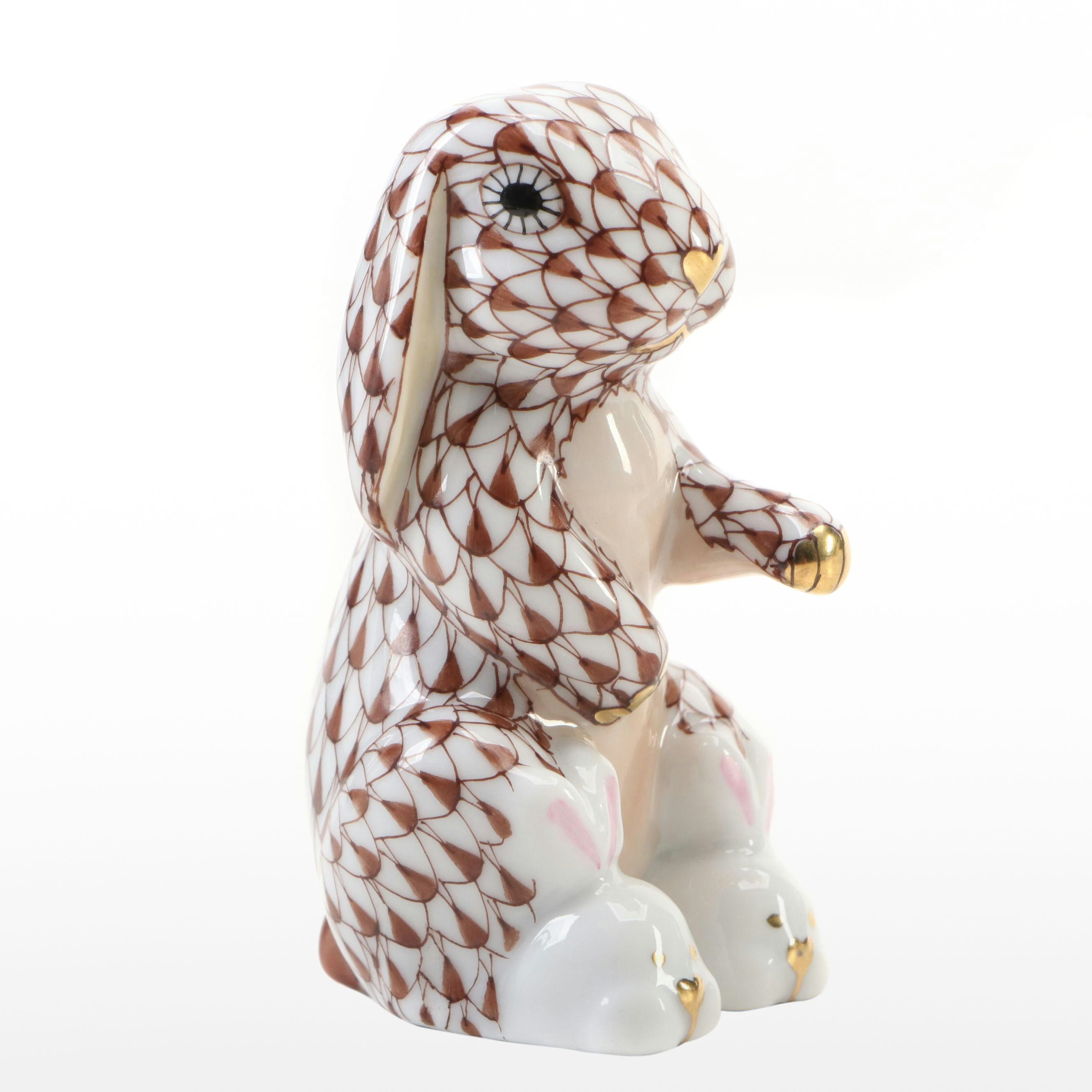 Herend Chocolate Fishnet with Gold "Bunny Slippers" Porcelain Figurine