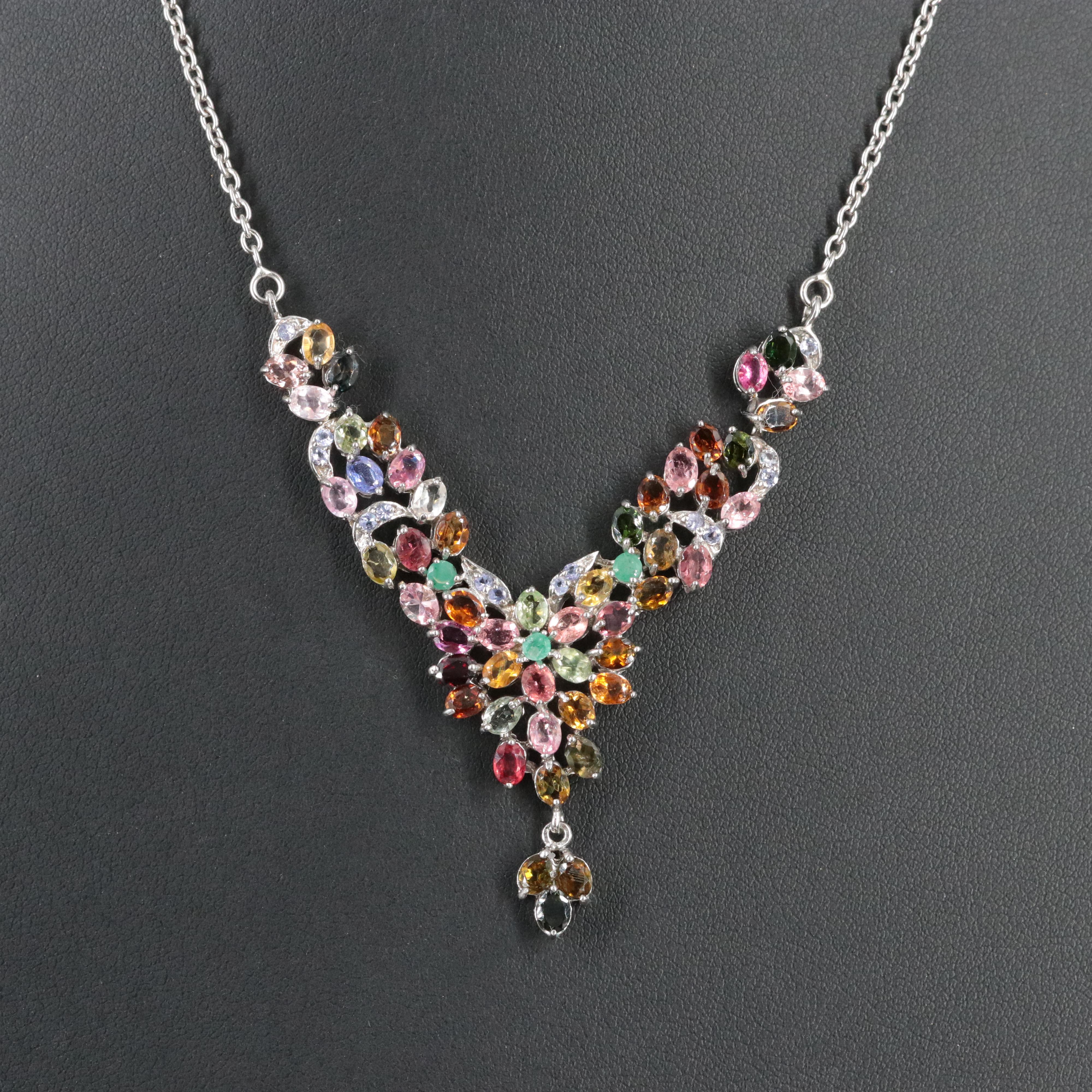 Sterling Tourmaline, Emerald and Tanzanite Chevron Cluster Necklace