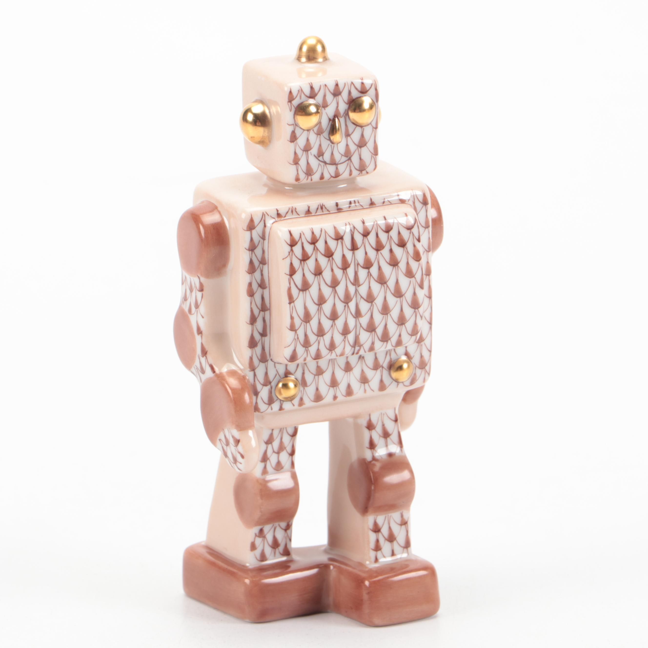 Herend Chocolate Fishnet with Gold "Toy Robot" Porcelain Figurine