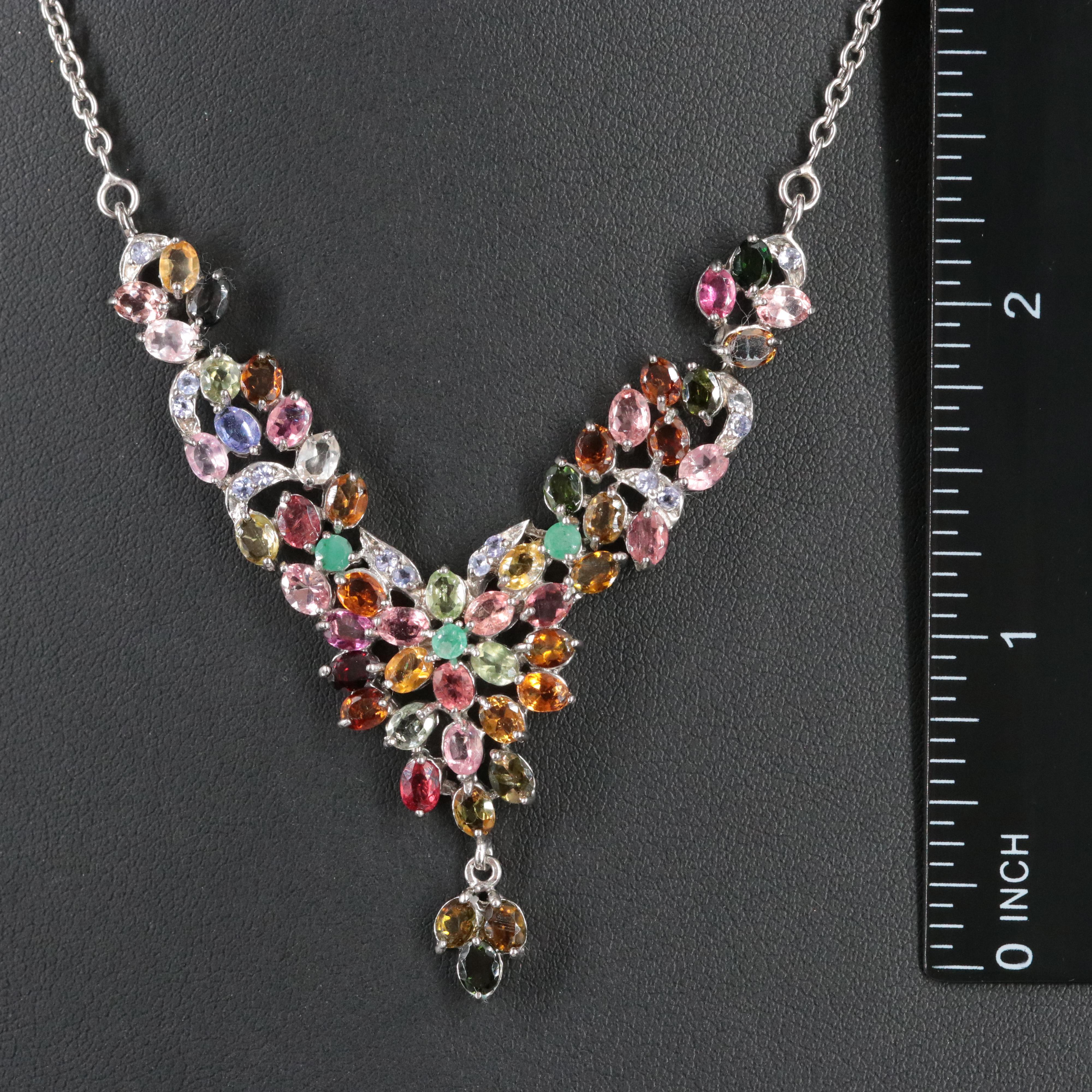 Sterling Tourmaline, Emerald and Tanzanite Chevron Cluster Necklace