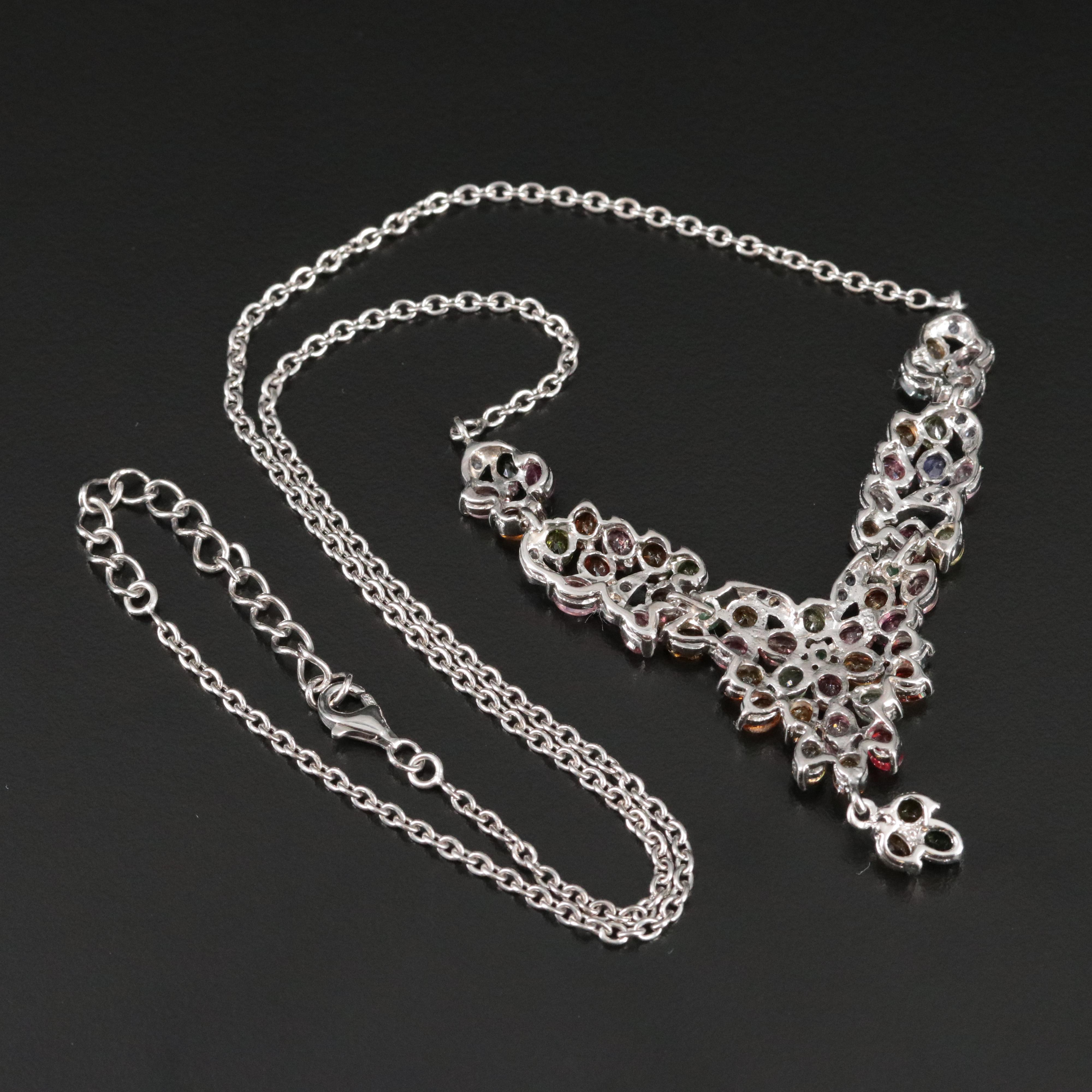 Sterling Tourmaline, Emerald and Tanzanite Chevron Cluster Necklace