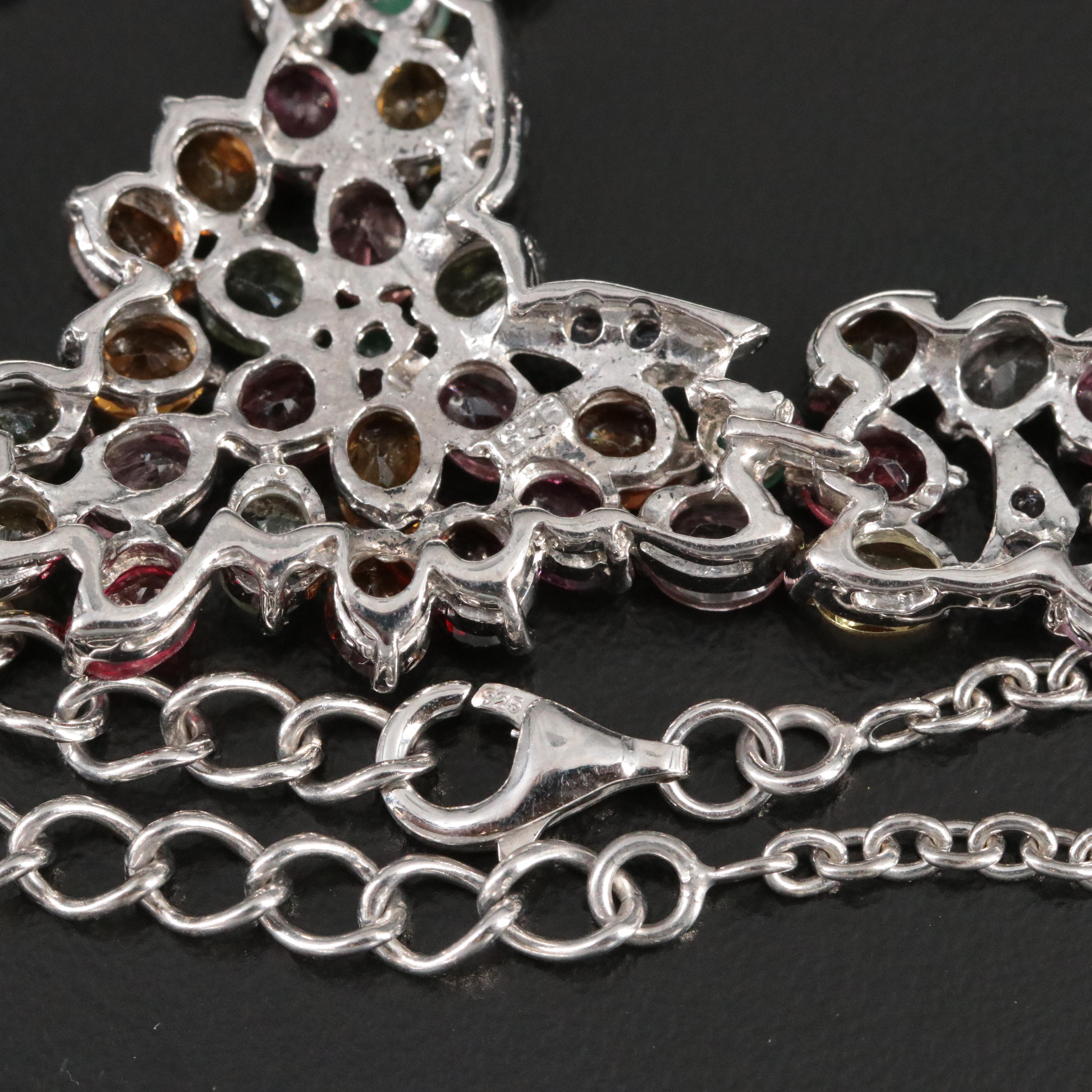 Sterling Tourmaline, Emerald and Tanzanite Chevron Cluster Necklace