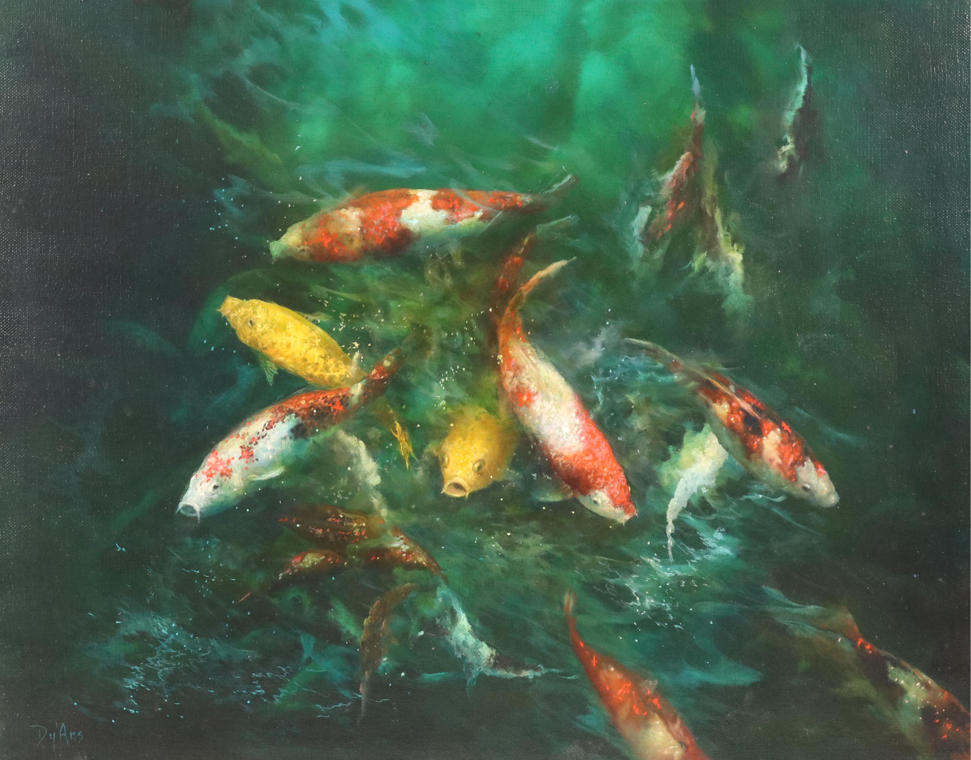 Judy Dy'ans Oil Painting of School of Fish "Koi Pond"