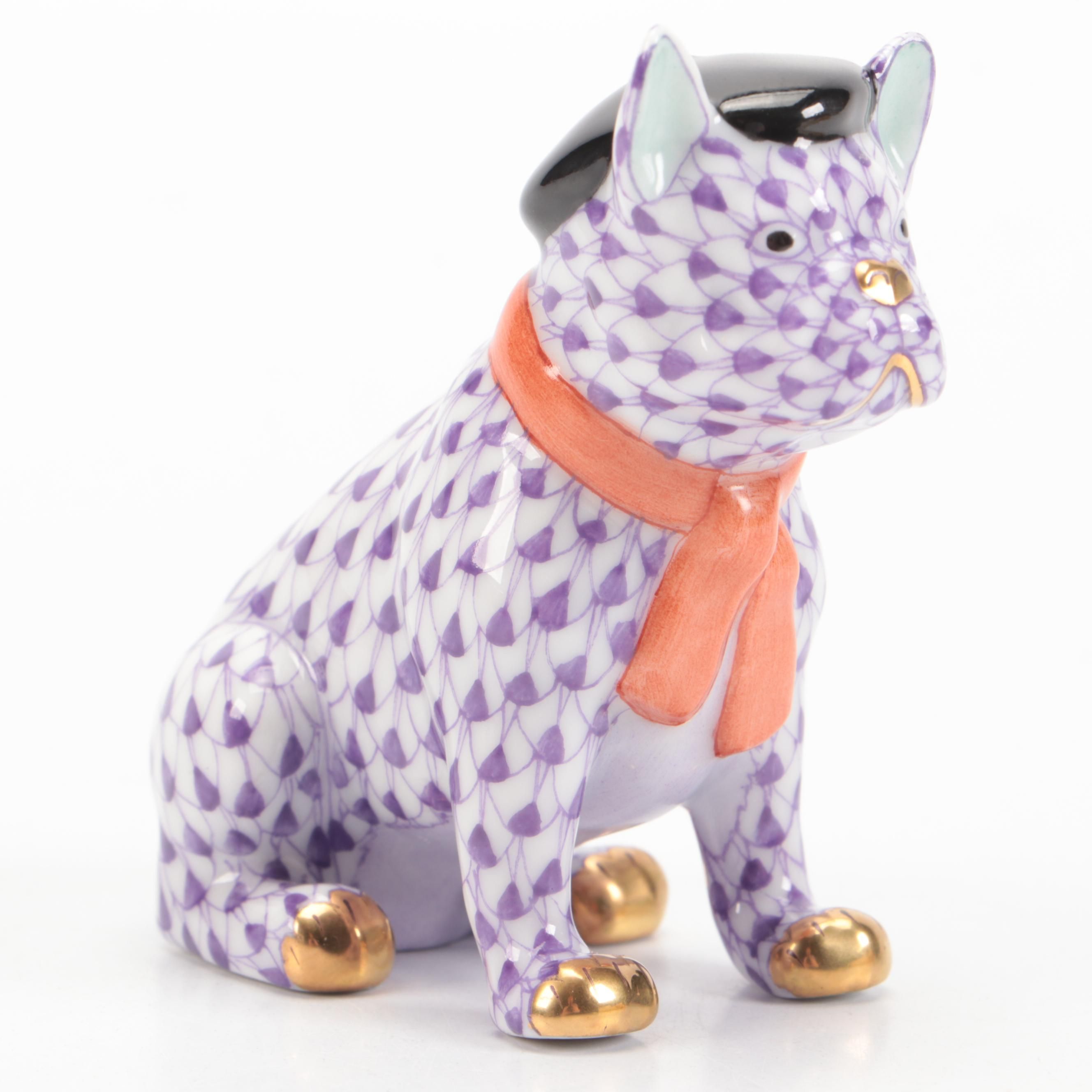 Herend Lilac Fishnet with Gold "French Frenchie" Porcelain Figurine