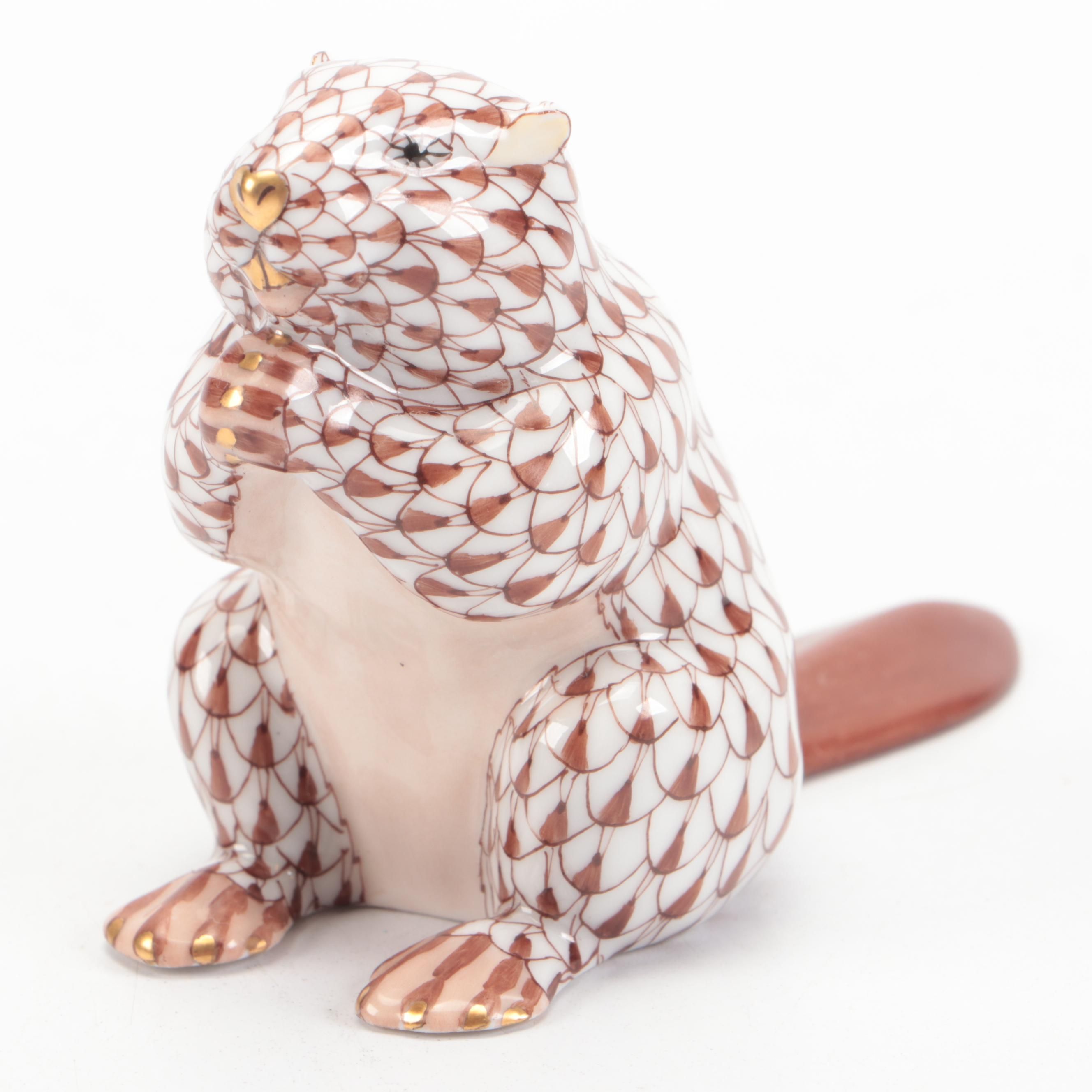 Herend Chocolate Fishnet with Gold "Small Beaver" Porcelain Figurine