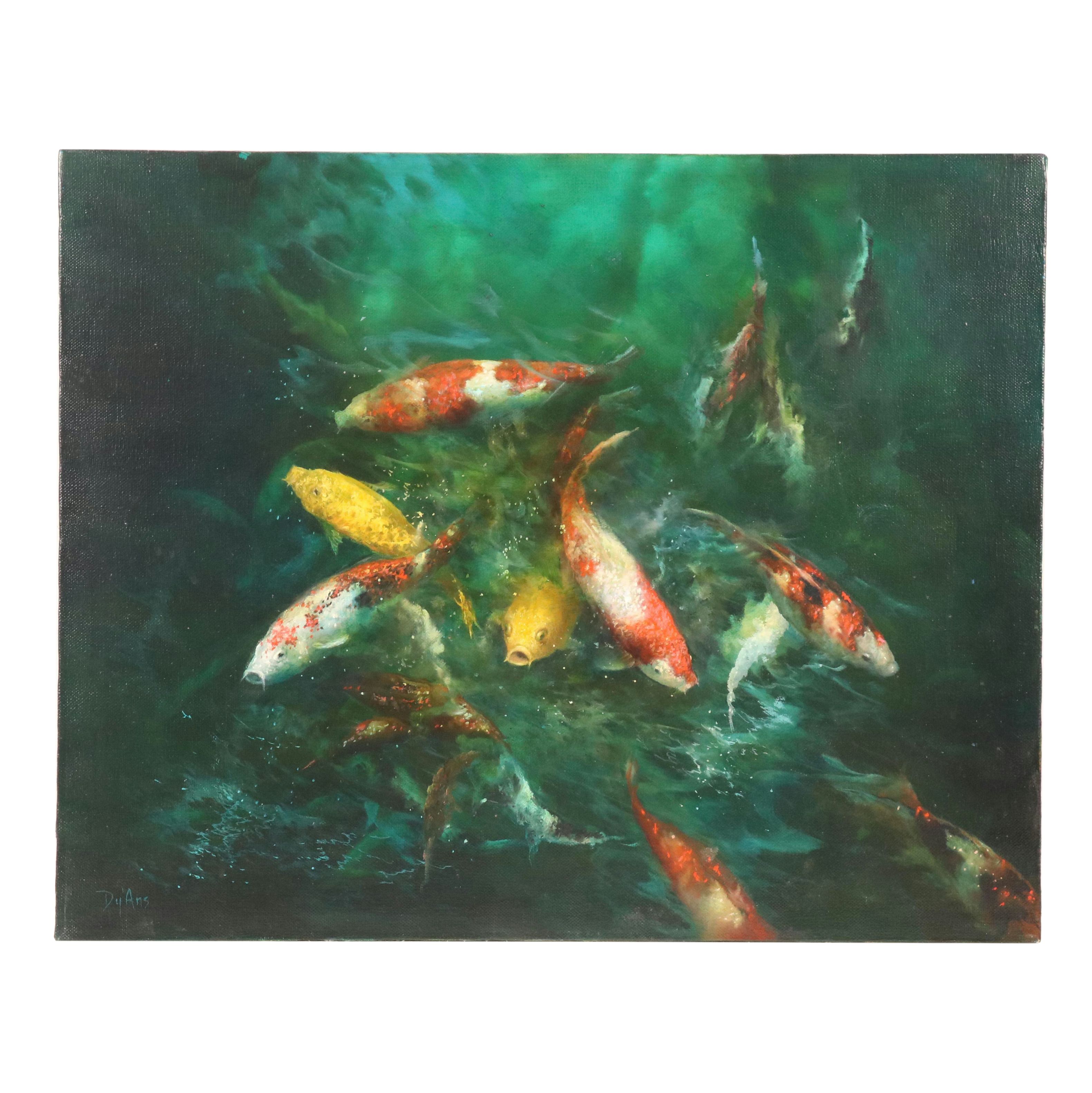 Judy Dy'ans Oil Painting of School of Fish "Koi Pond"