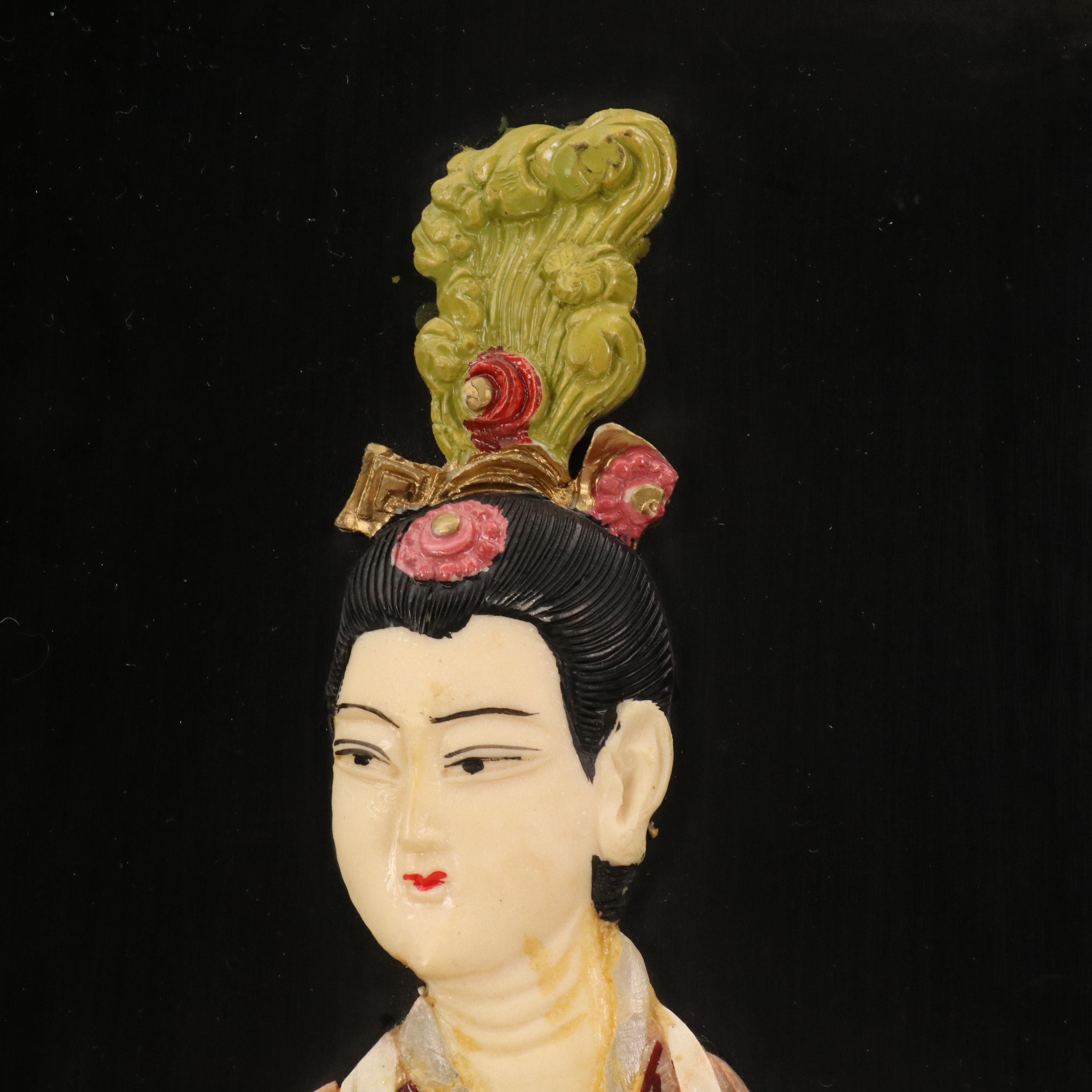 East Asian Hand-Painted Inlay Panel With Figure Holding Janggu