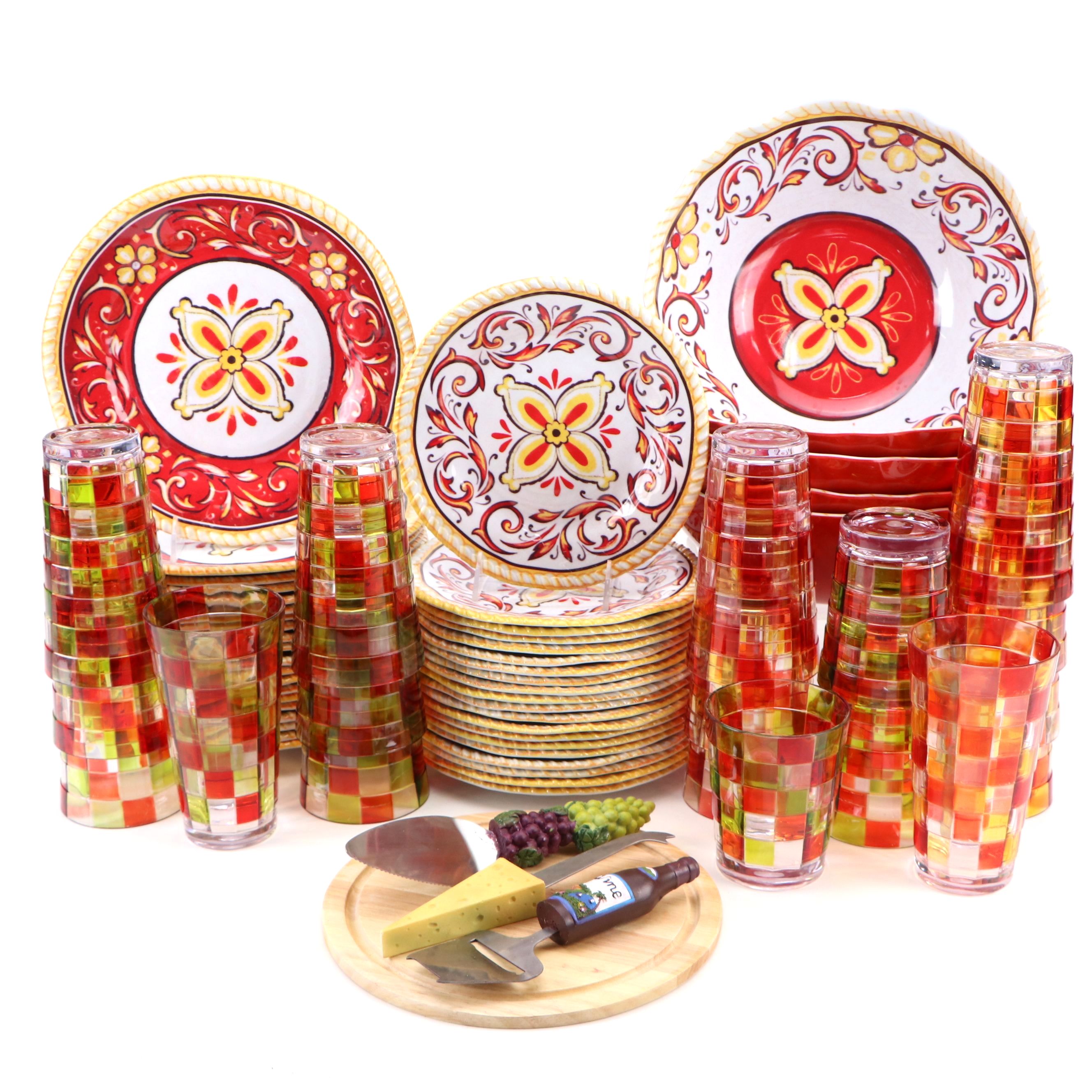 Melamine Bowls and Plates with Cups, Cheese Utensils and Board