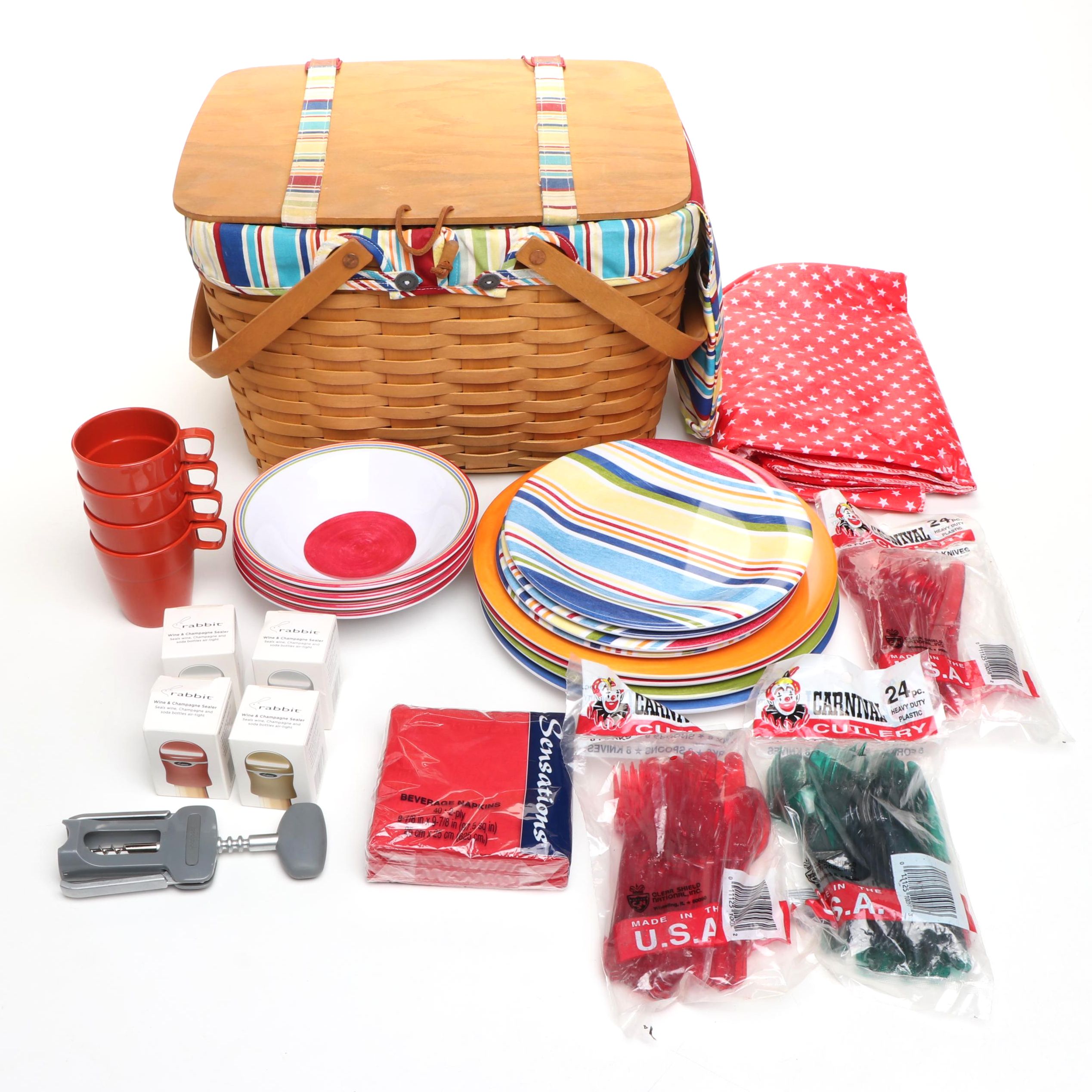 Longaberger Picnic Basket with Cups, Stoppers, Bowls, Plates, Tray and Utensils