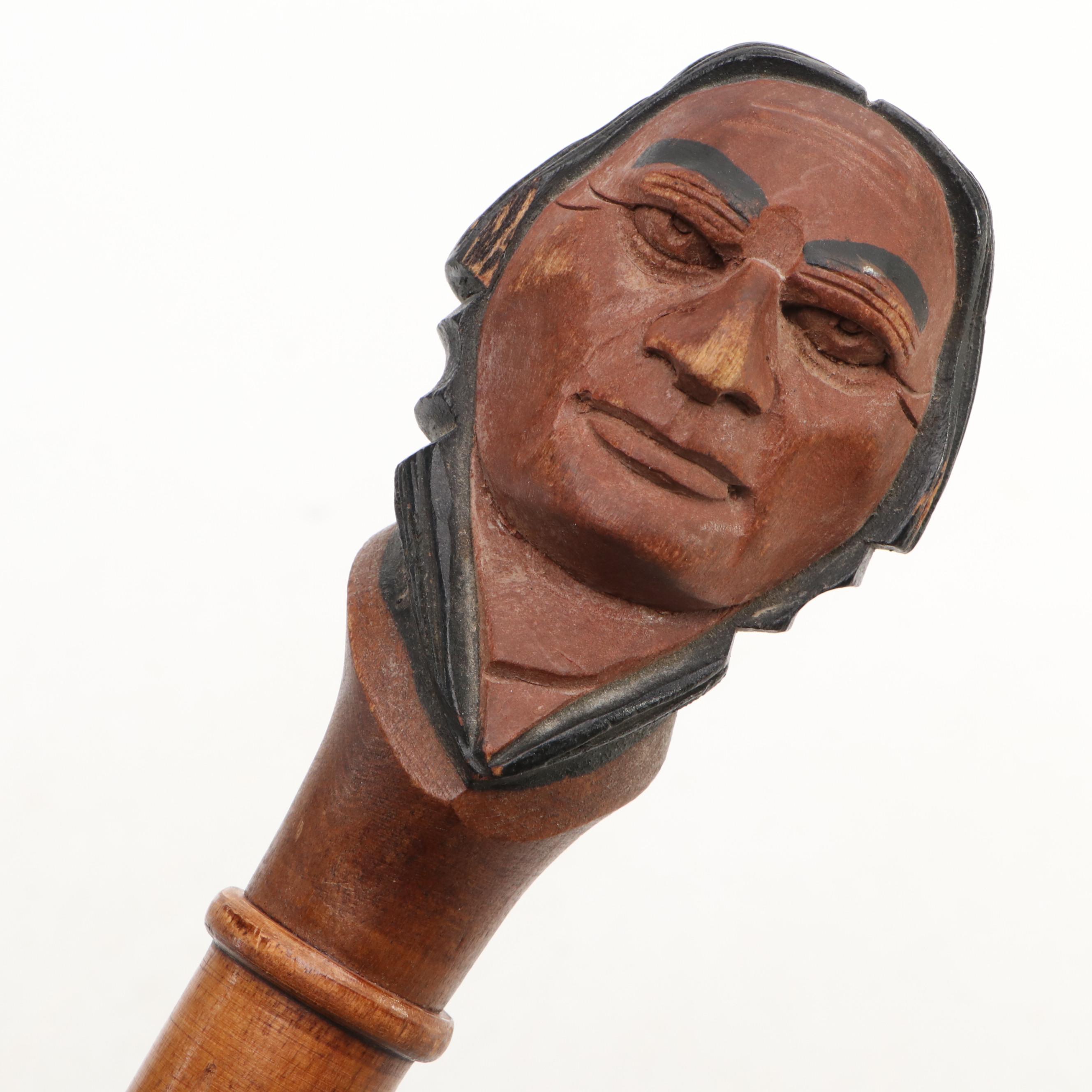 Carved Wooden Cane with Figural Handle