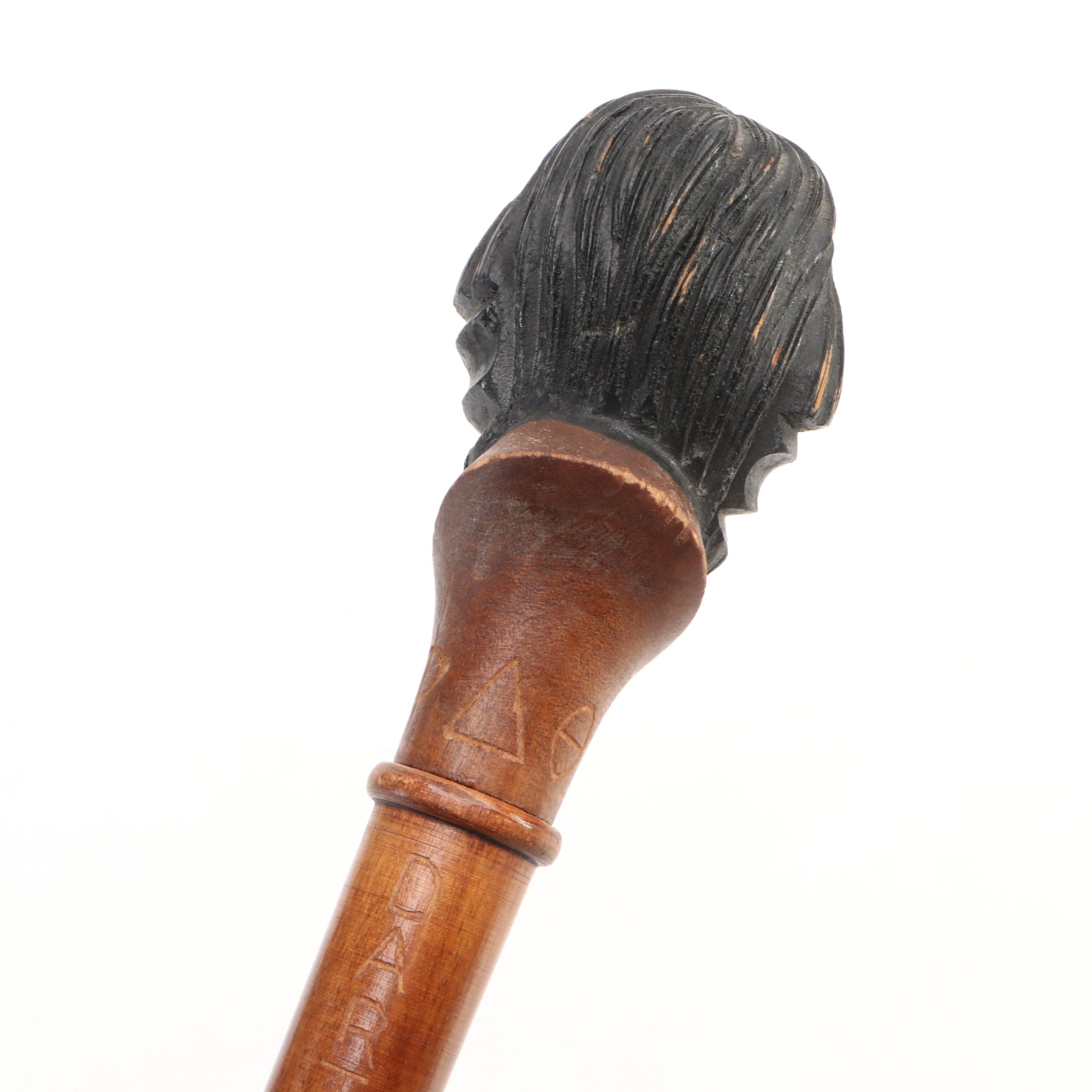 Carved Wooden Cane with Figural Handle