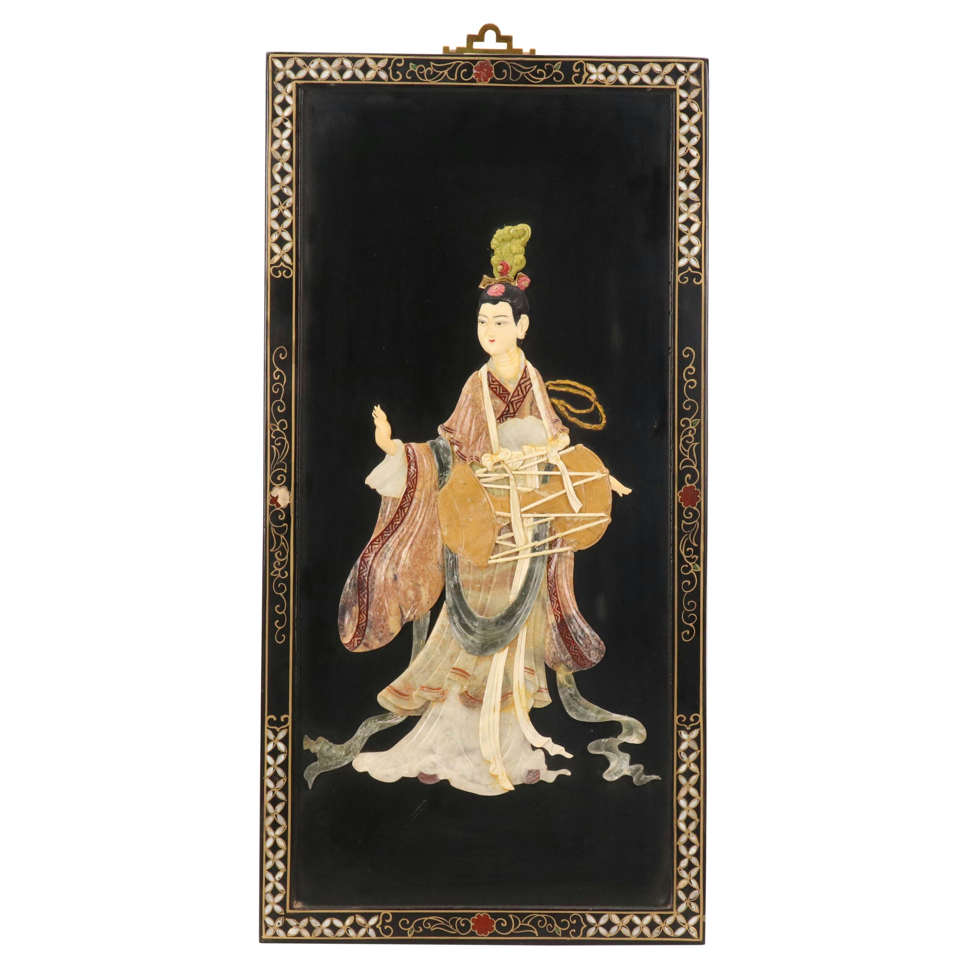 East Asian Hand-Painted Inlay Panel With Figure Holding Janggu