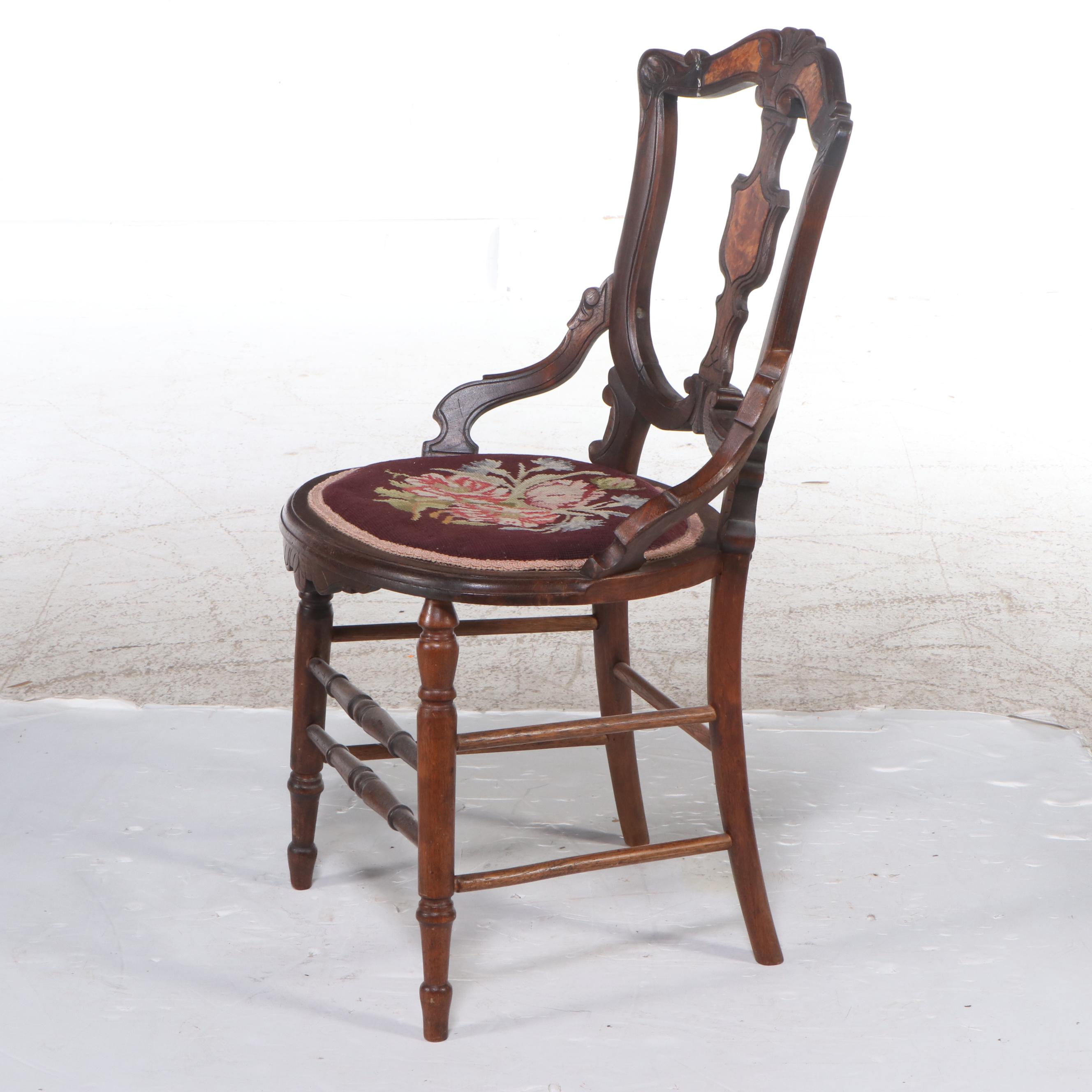 Victorian Oak with Burl Wood Accents Needle Point Side Chair with Magazine Rack