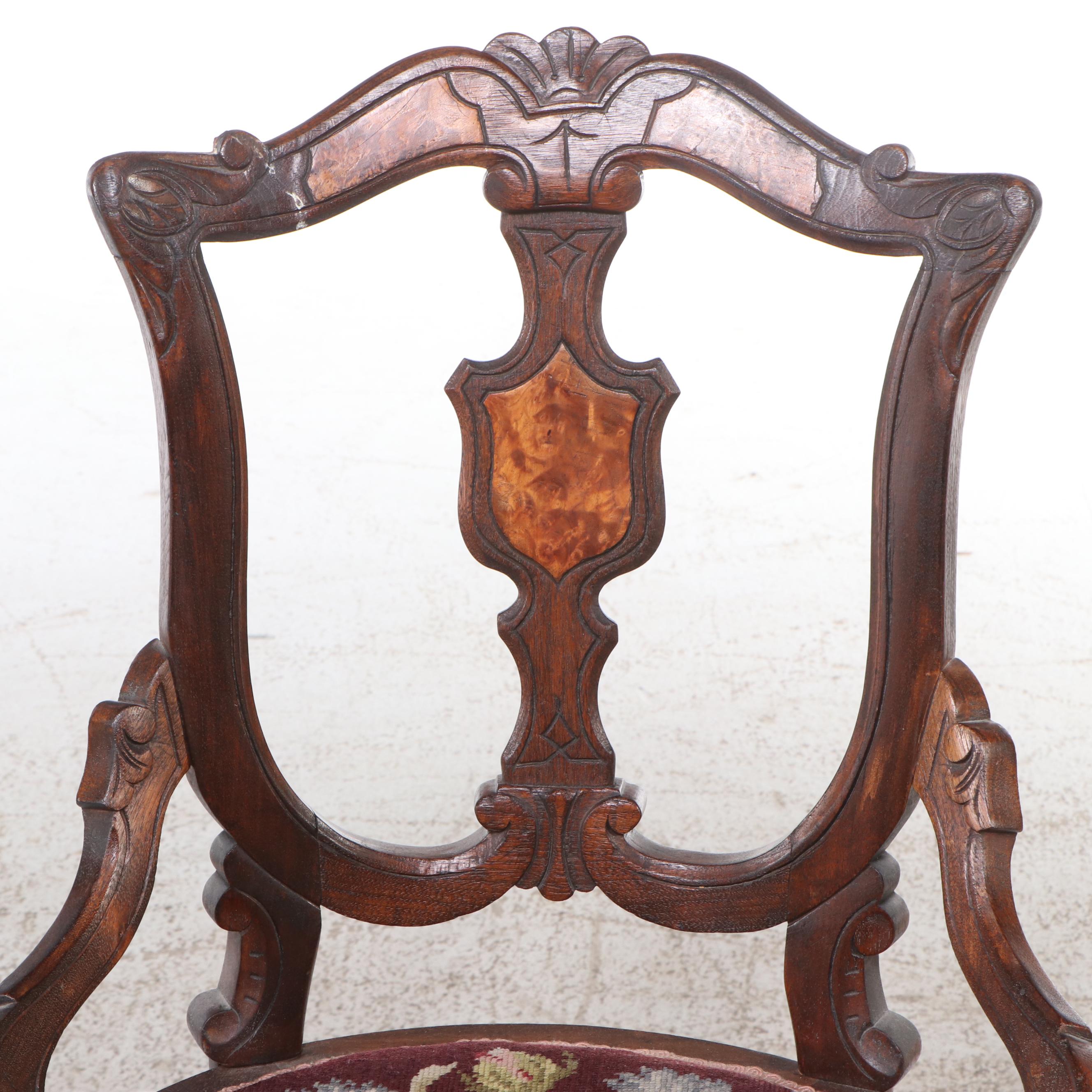 Victorian Oak with Burl Wood Accents Needle Point Side Chair with Magazine Rack