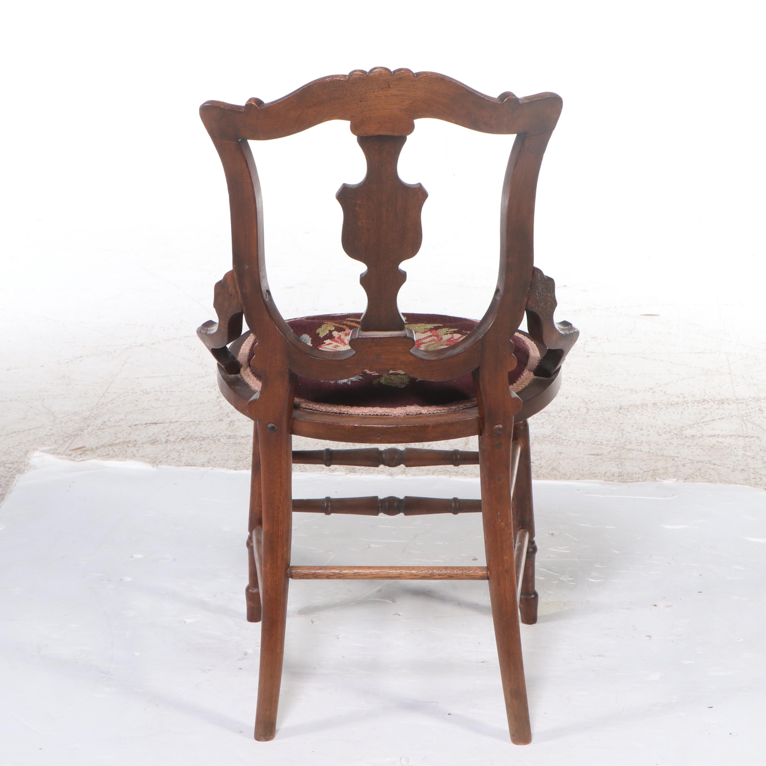 Victorian Oak with Burl Wood Accents Needle Point Side Chair with Magazine Rack