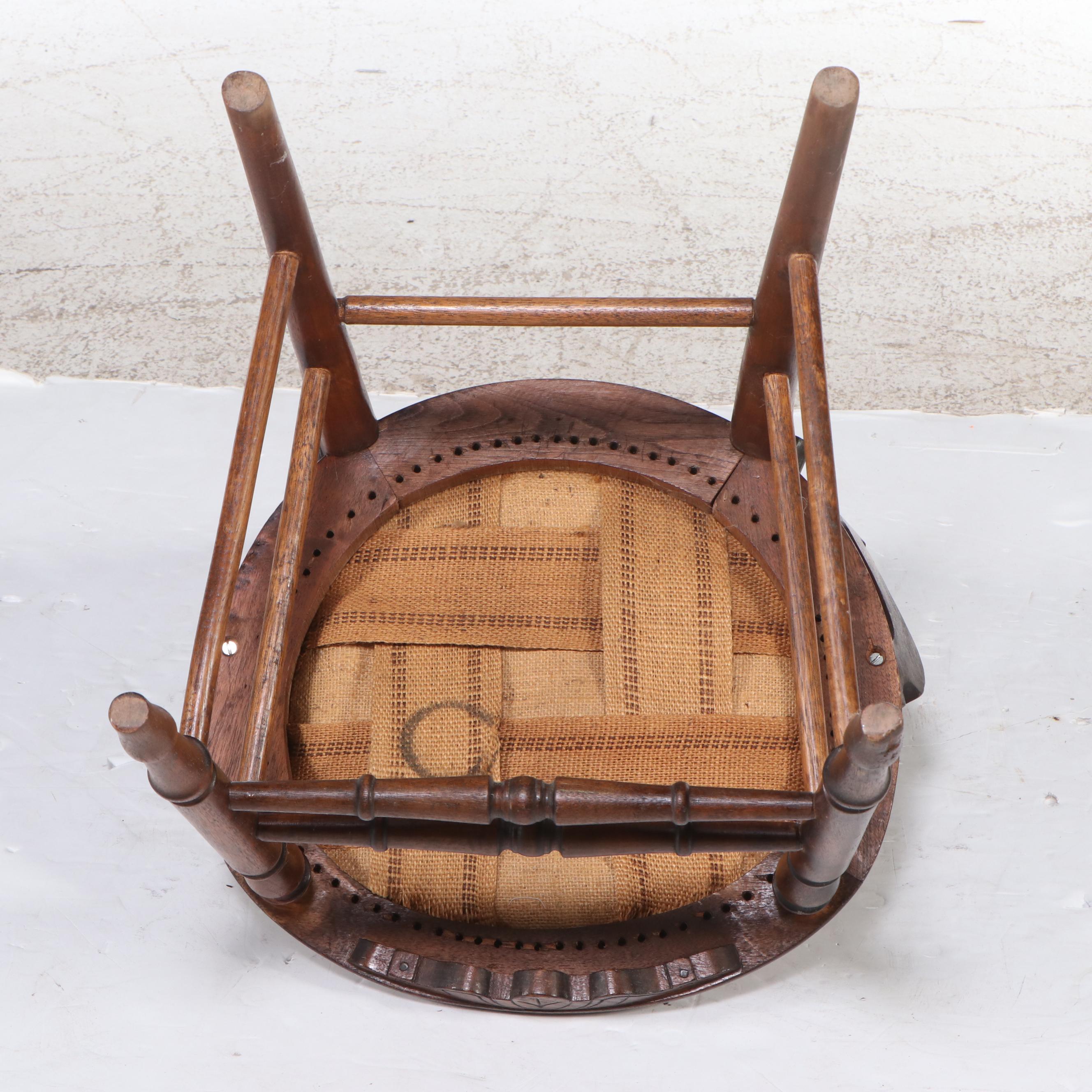 Victorian Oak with Burl Wood Accents Needle Point Side Chair with Magazine Rack