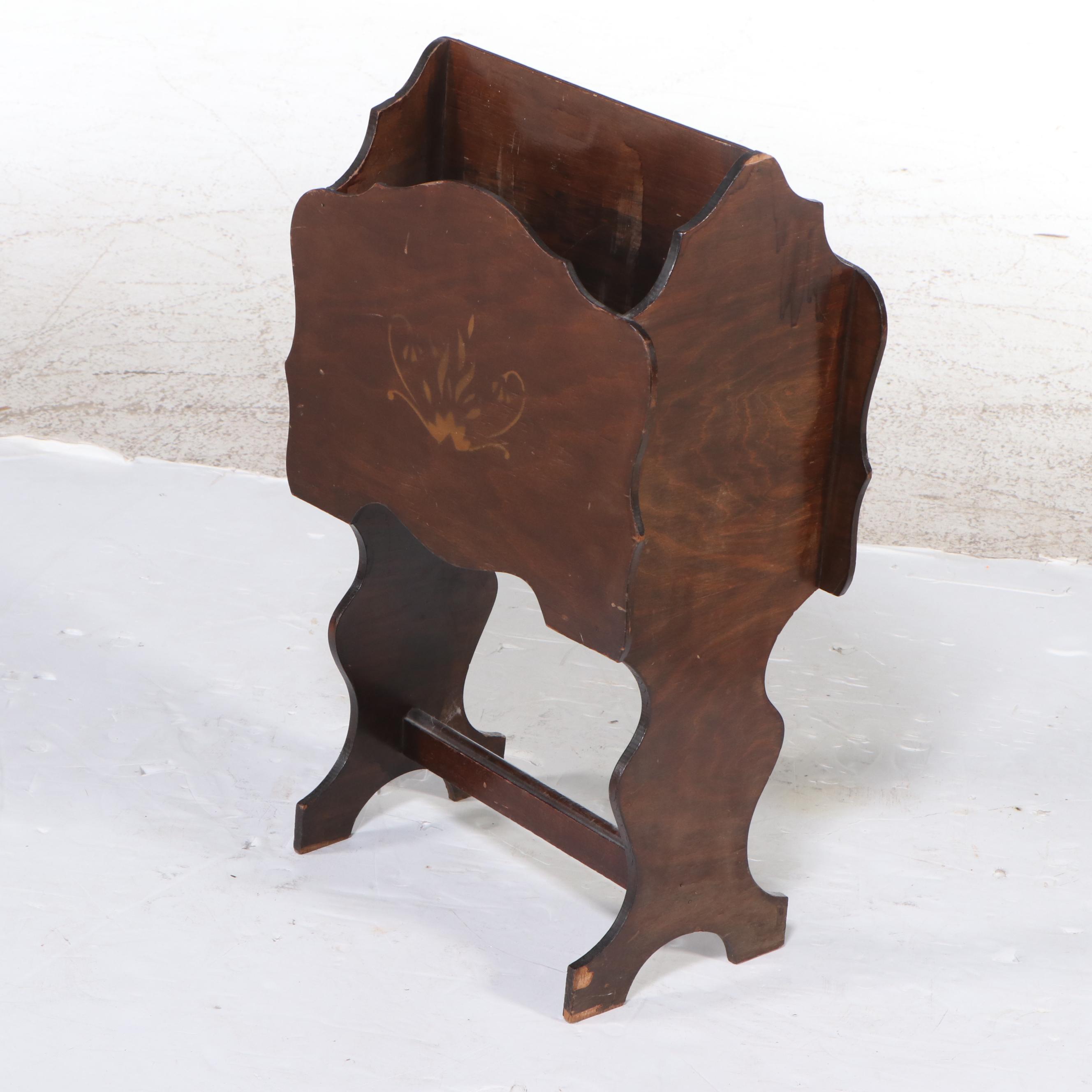 Victorian Oak with Burl Wood Accents Needle Point Side Chair with Magazine Rack