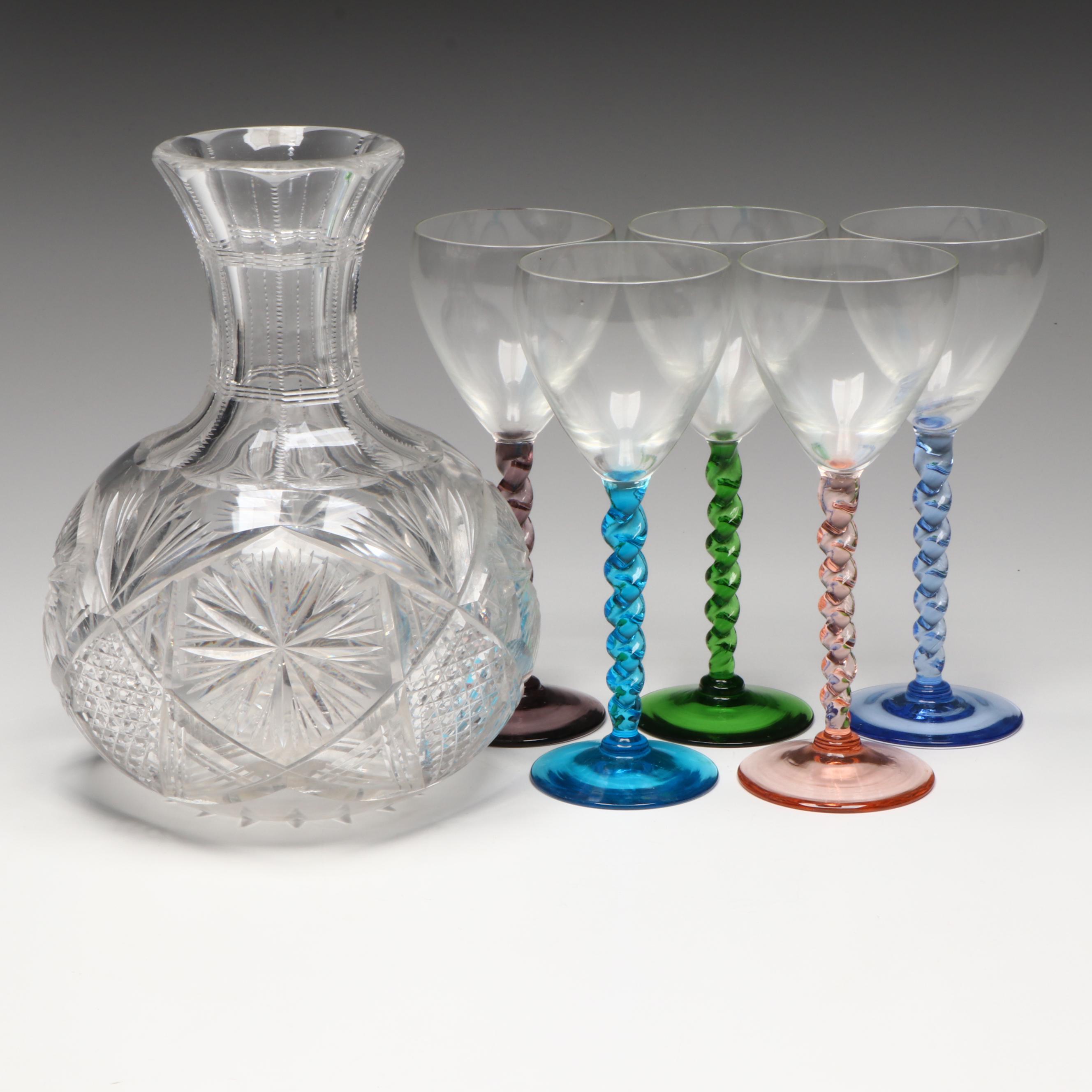 American Brilliant Style Cut Glass Carafe with Twisted Stem Wine Glasses